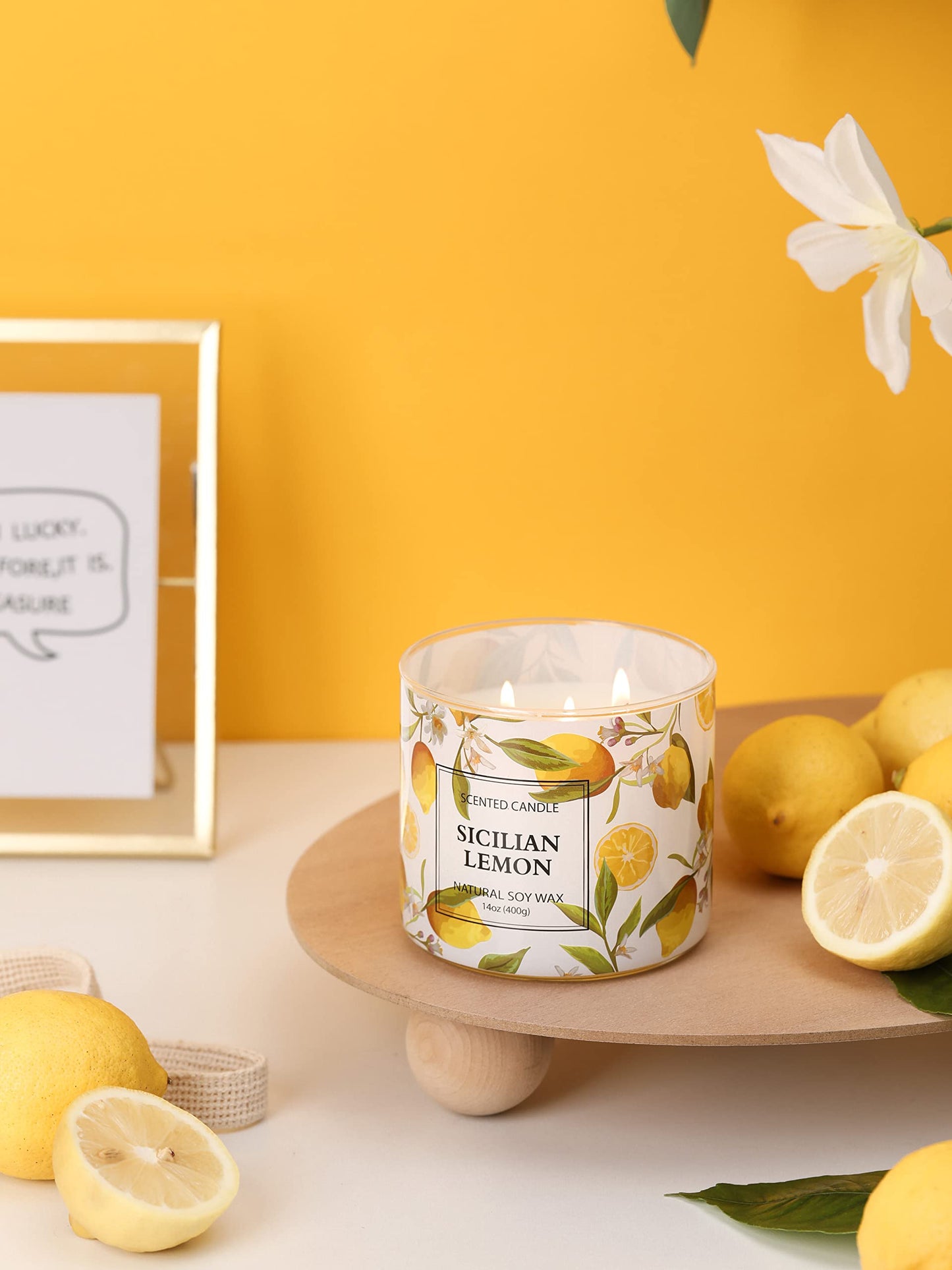 Lemon Candle, Sicilian Lemon Scented Candle, Large 3 Wicks Candle, 14 oz