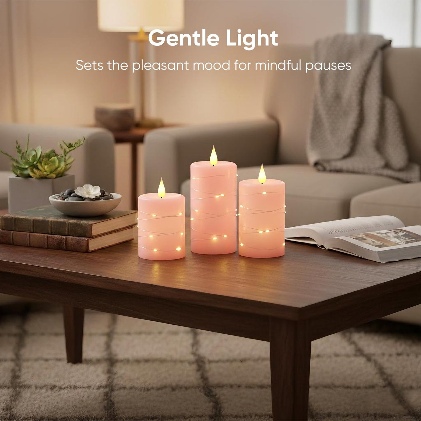 Amagic Flameless Candles with Embedded String Lights, 11-Key Remote & Timer, 3D Wick Real Wax Battery Operated Flickering Led Pillar Candles for Home, Lantern Decor, Set of 3, Pink