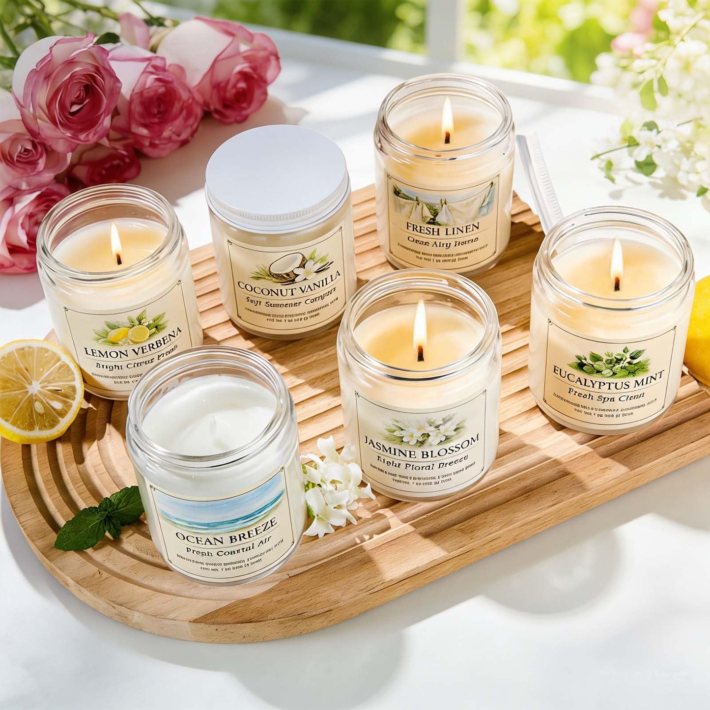 Scented Candle Gift Set, 6 Pack 7oz Natural Soy Wax Aromatherapy Candles, Coconut Vanilla Lemon Verbena Fresh Linen Scents, Long Burning Candles for Home Relaxation & Gifting