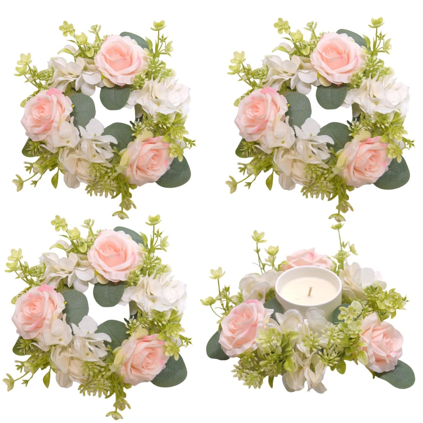 4 Pcs Candle Rings Wreaths,Artificial Hydrangea Wreath Candles Wreaths for Pillars Christmas Wedding Home Table Party Decoration (Pink)
