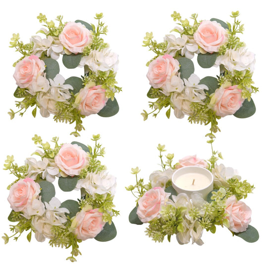 4 Pcs Candle Rings Wreaths,Artificial Hydrangea Wreath Candles Wreaths for Pillars Christmas Wedding Home Table Party Decoration (Pink)