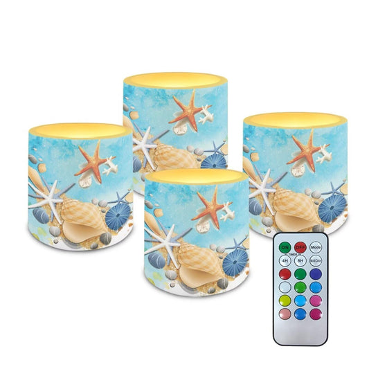 NETILGEN 4 Packs Flameless Candles with Remote Timer Color Changing Realistic Flickering Flameless Candles Set of 4 Battery Operated Candles Beach Seashell Starfish Print