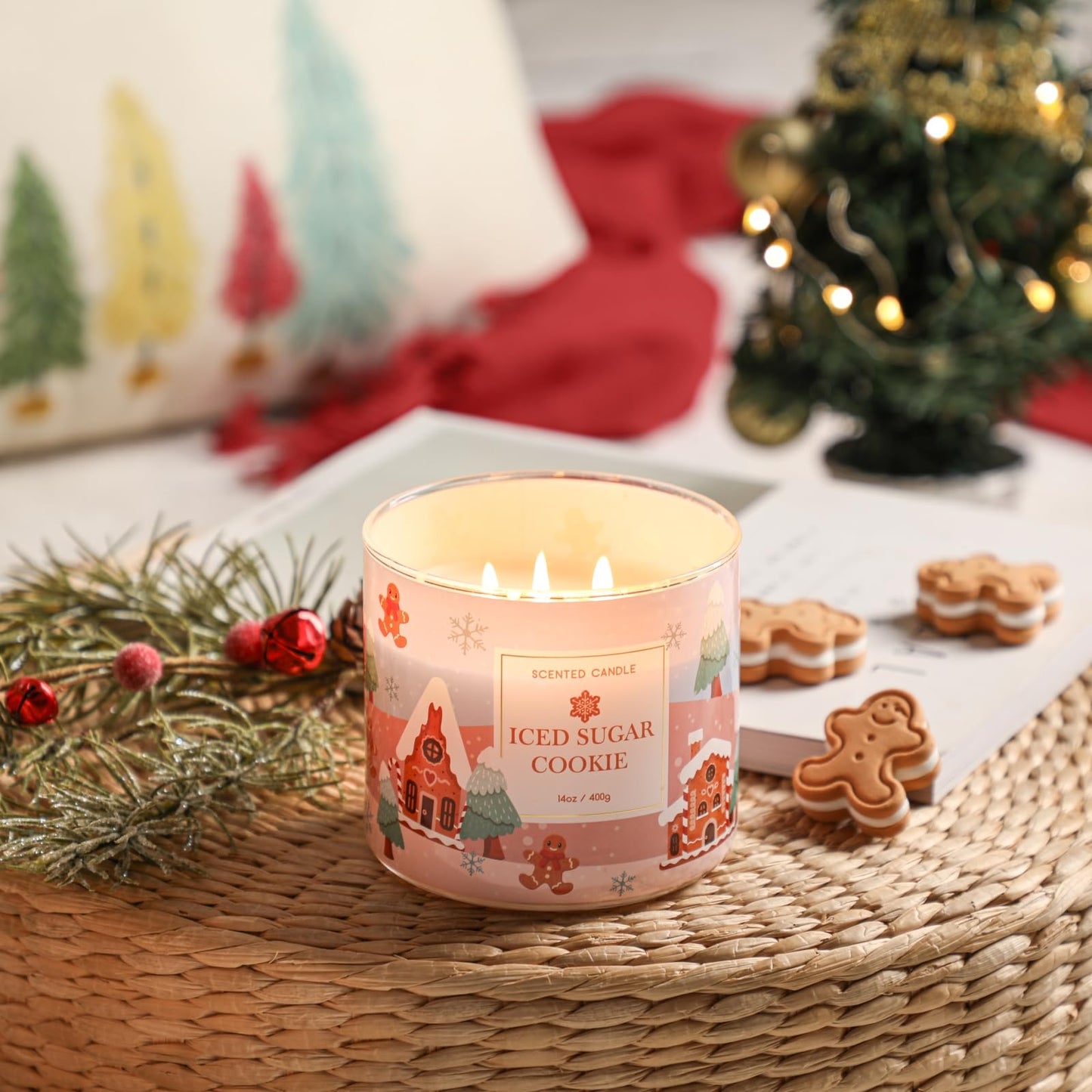 Christmas Scented Candles, Sugar Cookie & Vanilla Scented, Large 3 Wicks Candle, 14 oz, Christmas Candle Gift