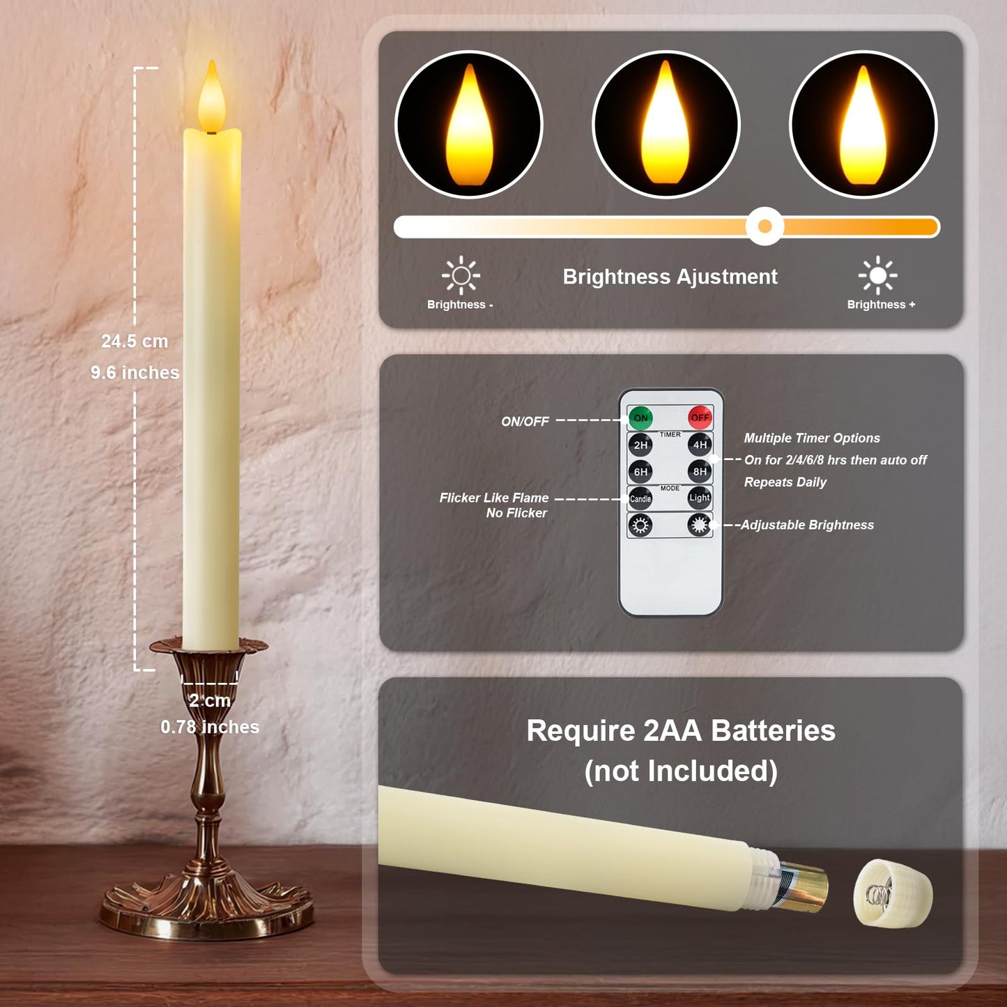Meigic 6 Pcs Flameless Taper Candles with Remote Timer Dimmer, 9.6 inches Ivory Plastic LED Candlesticks, Battery Operated LED Candles, for Indoor Home Wedding Christmas Decoration