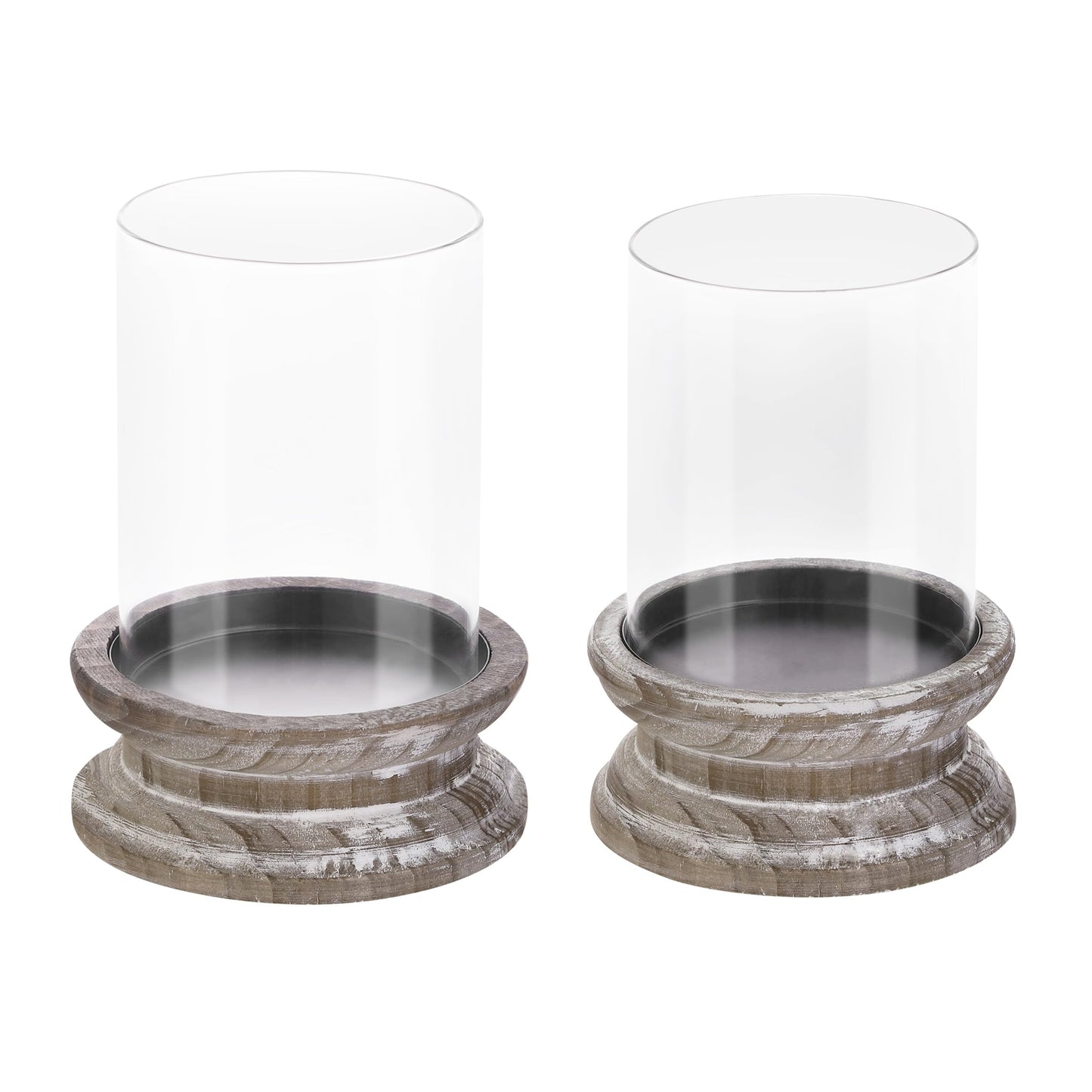 Set of 2 Glass Hurricane Candle Holders for Pillars with Florence Style Solid Wooden Base Crafted from Pine in Distressed Brown, Farmhouse Candlestick Holder, Centerpiece for Home, Table, Mantel