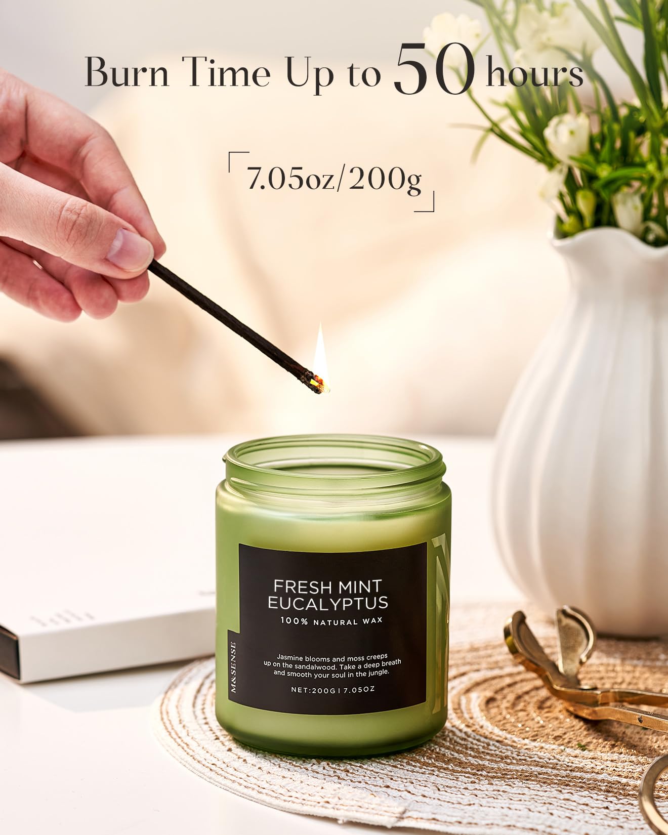 M&SENSE Eucalyptus & Mint Candles for Home Scented, 7.05oz Natural Soy Wax, 50 Hours Clean Burn Non Toxic Aromatherapy Candle, Slow Burning for Stress Relief Meditation Relaxation Spa