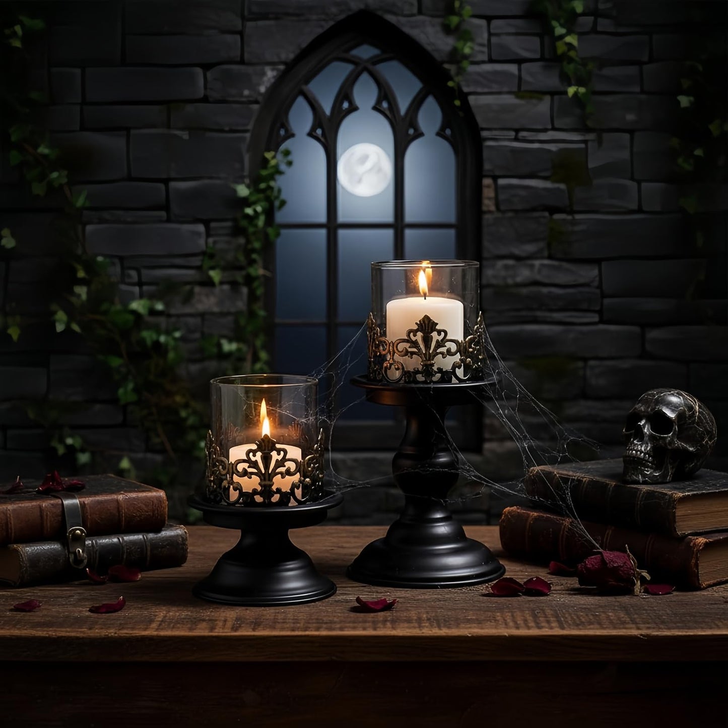 Woparty Gothic Hurricane Candle Holders, Black Metal with Glass Sleeve, Set of 2 Decorative Pillar Holders, 5.9 and 7.9 Inch Height, 4 Inch Diameter
