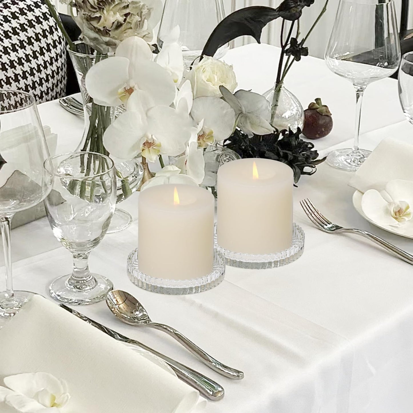CHOCSTAY Glass Pillar Candle Holder, 4" Clear Candle Plates Set of 3, Glass Candle Holders for Wedding, Party, Holiday, Home Decor, Table Centerpiece