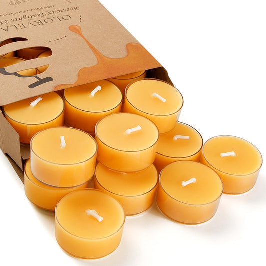 24-Pack Beeswax Tealight Candles, 4 Hours Long Burning Time, Unscented Smokeless Natural Beeswax Tea Light Candle, Relax Prayer Celebration Party