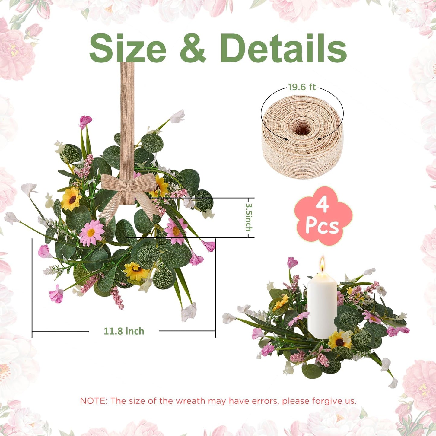 Spring Summer Wreath 4Pcs, 11.8 Inch Summer Wreath with Ribbon, Artificial Daisy Eucalyptus Leaves Grass Wreath, Hanging/Tabletop/Candle Ring Decor for Home Front Door, Porch, Wall, Window, Cabinets