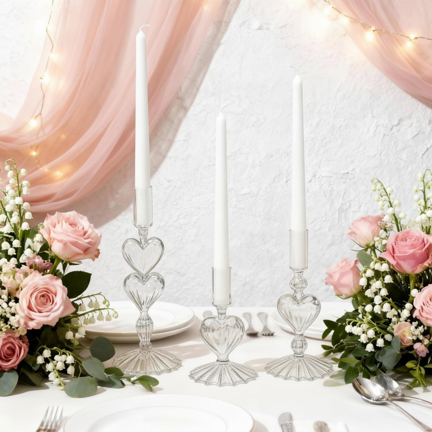 Mumufy 3 Pcs Valentine's Day Glass Candlestick Holders Heart Glass Taper Candle Holder Valentines Heart Candle Stick Vase Decor for Galentine's Day Wedding Festival Party Table Centerpiece(Clear)