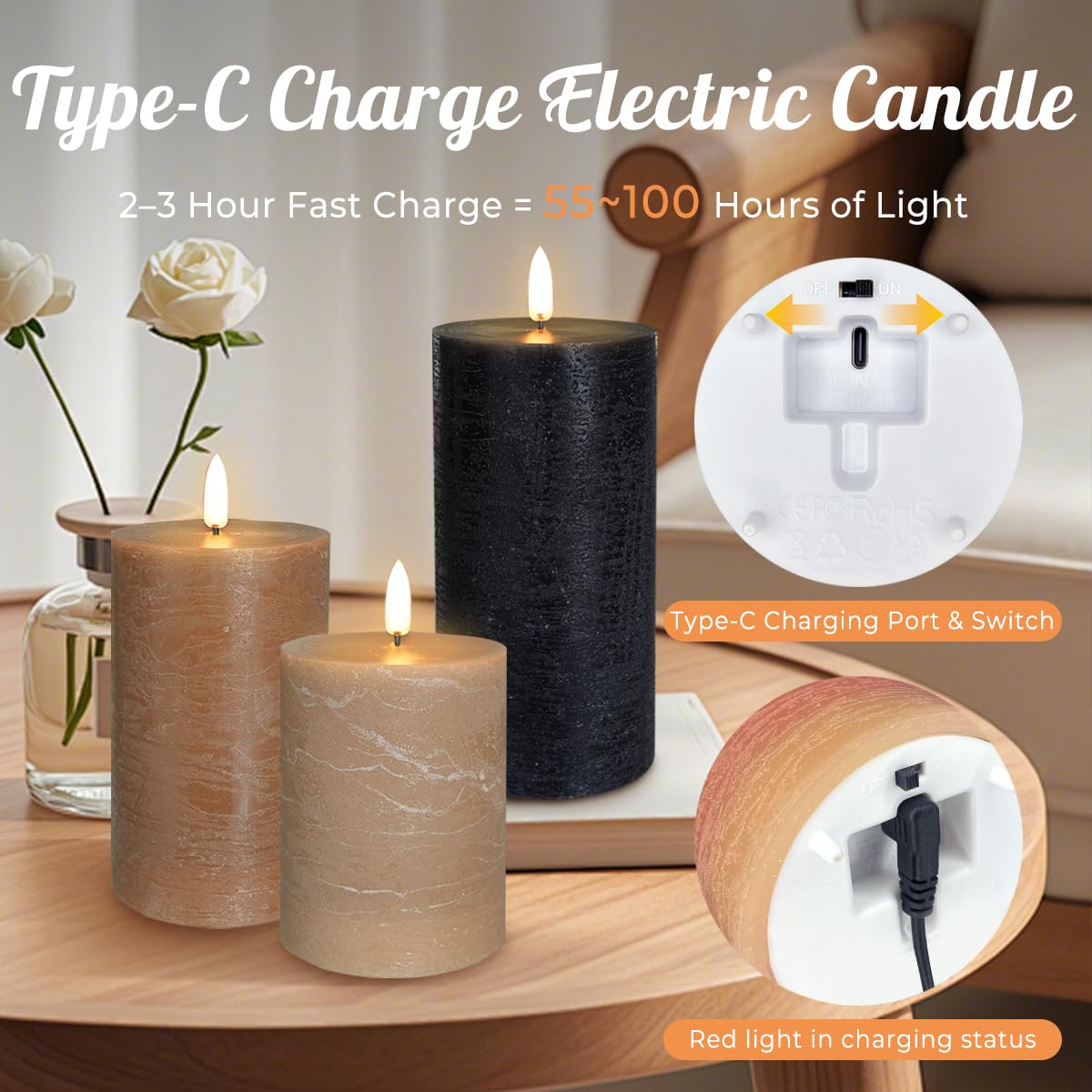 LEDHOLYT Rechargeable Flameless LED Pillar Candles–Luminous Real Wax Indoor Home Decor–Set of 3, Realistic Flickering LED Flame,Remote & Timer, USB-Rechargeable（Caramel Beige）