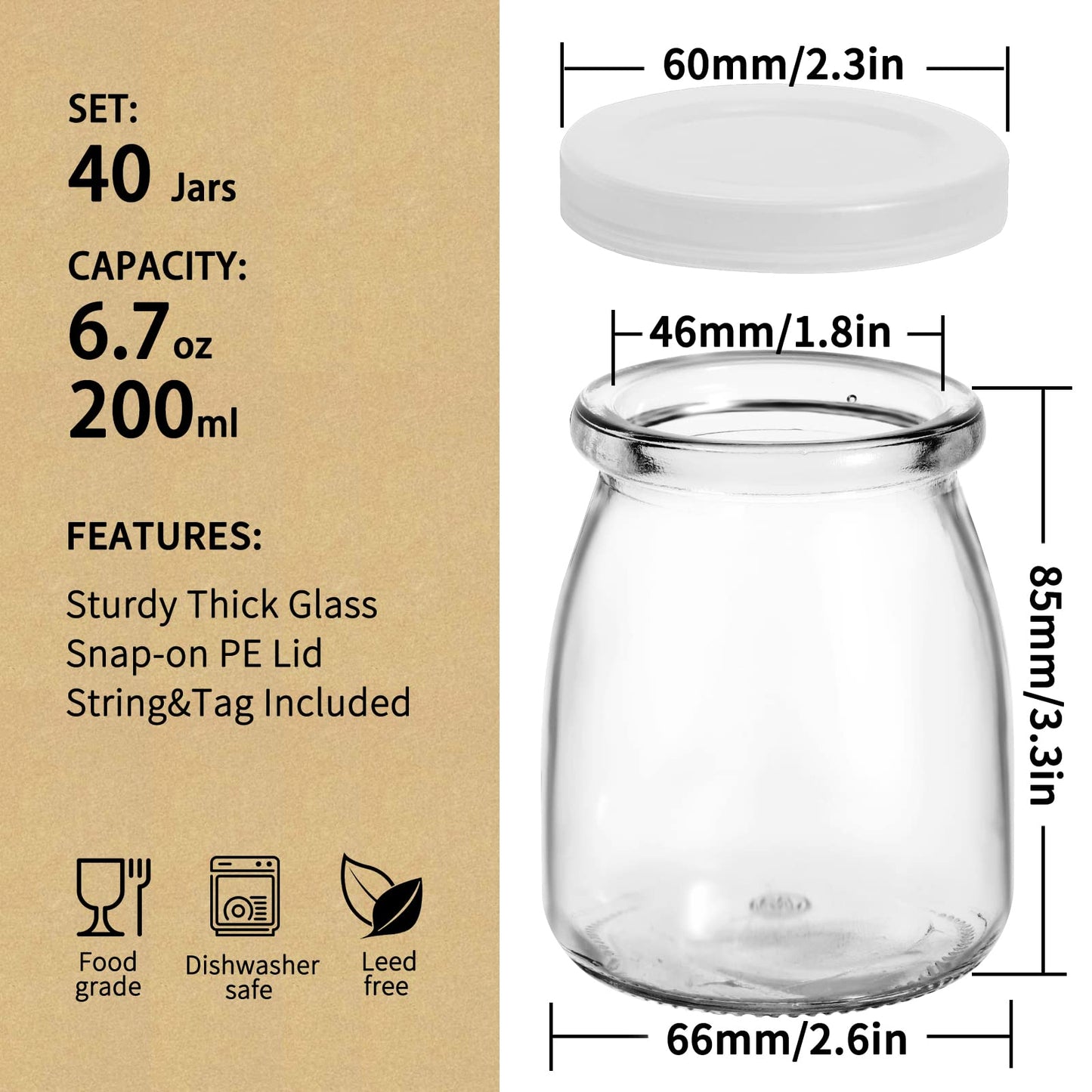 6.7 oz Glass Jars 40 Pack, Yogurt Jars with Leakproof PE Lids, Thick Durable Small Jars for Pudding, Jelly, Jam, Mousse, Spices, Candles - Reusable Glass Containers for Meal Prep, DIY Crafts