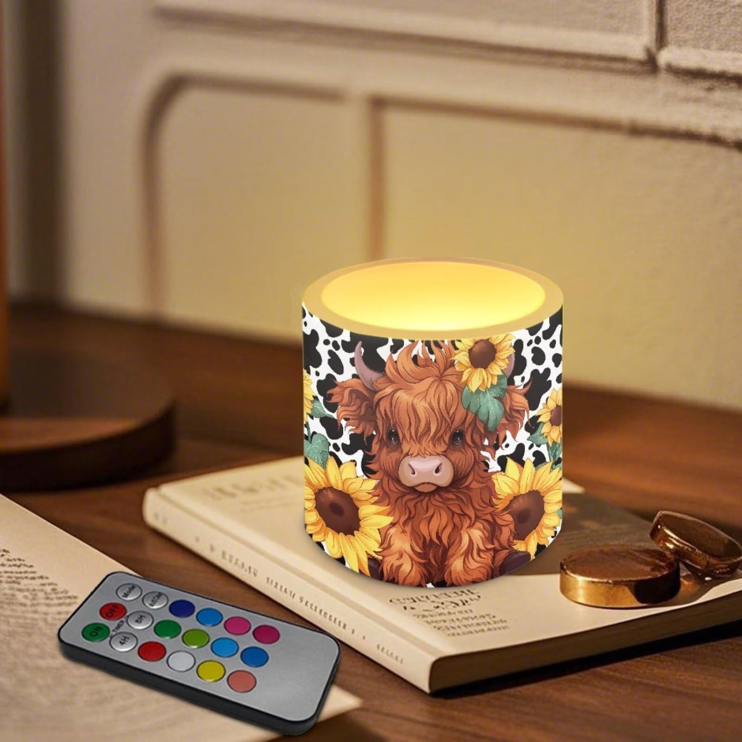 NETILGEN Sunflower Highland Cow Flameless Candles with Remote Control Timer LED Pillar Candles Set of 4 Battery Operated Candles for Home Living Room Decor