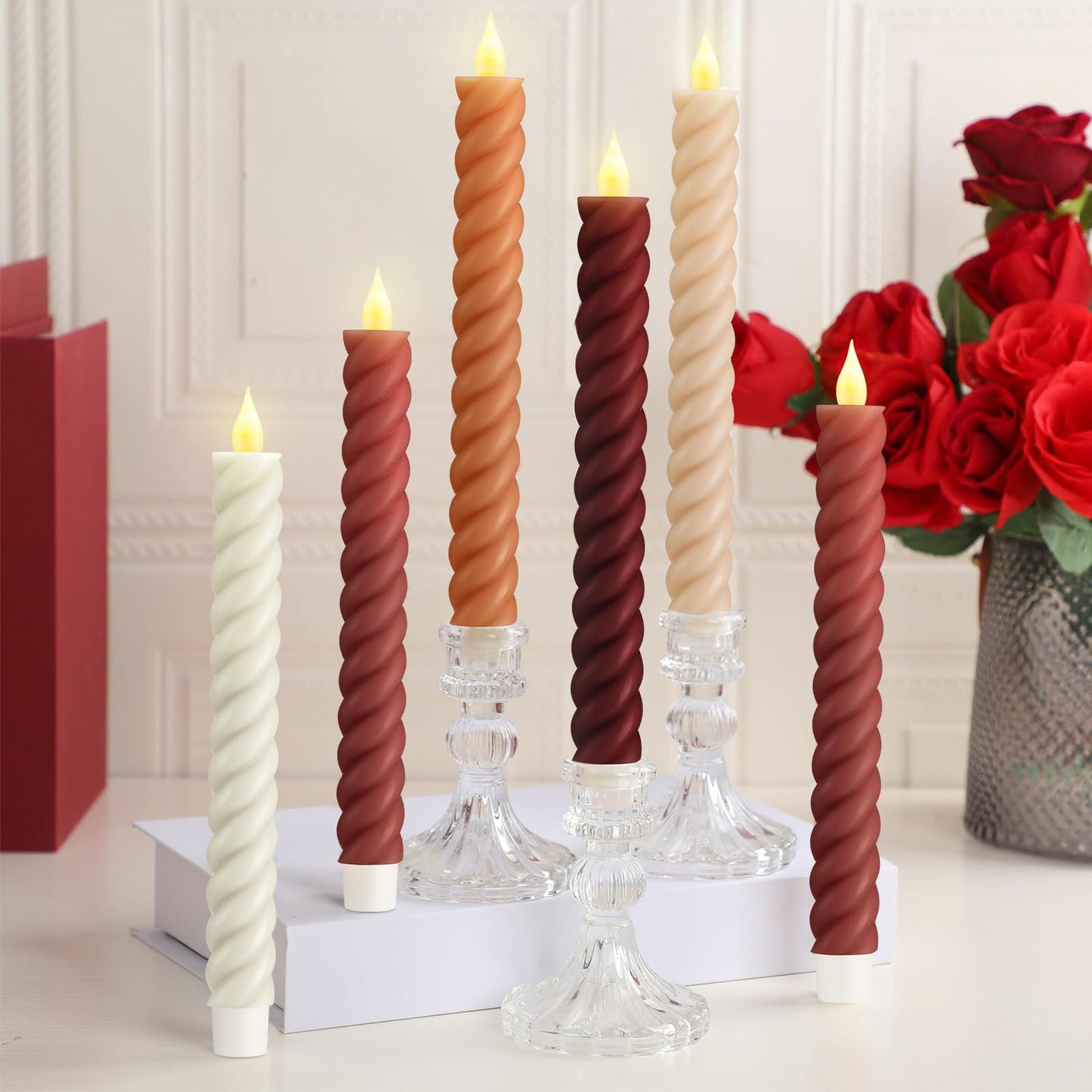 Baquler 6 Pcs Fall Flameless Taper Candle Twisted LED 9.65 Inch Fall Taper Candles Battery Operated Twisted Candlesticks for Thanksgiving Harvest Wedding Birthday Home Party Dinner Fireplace Decor