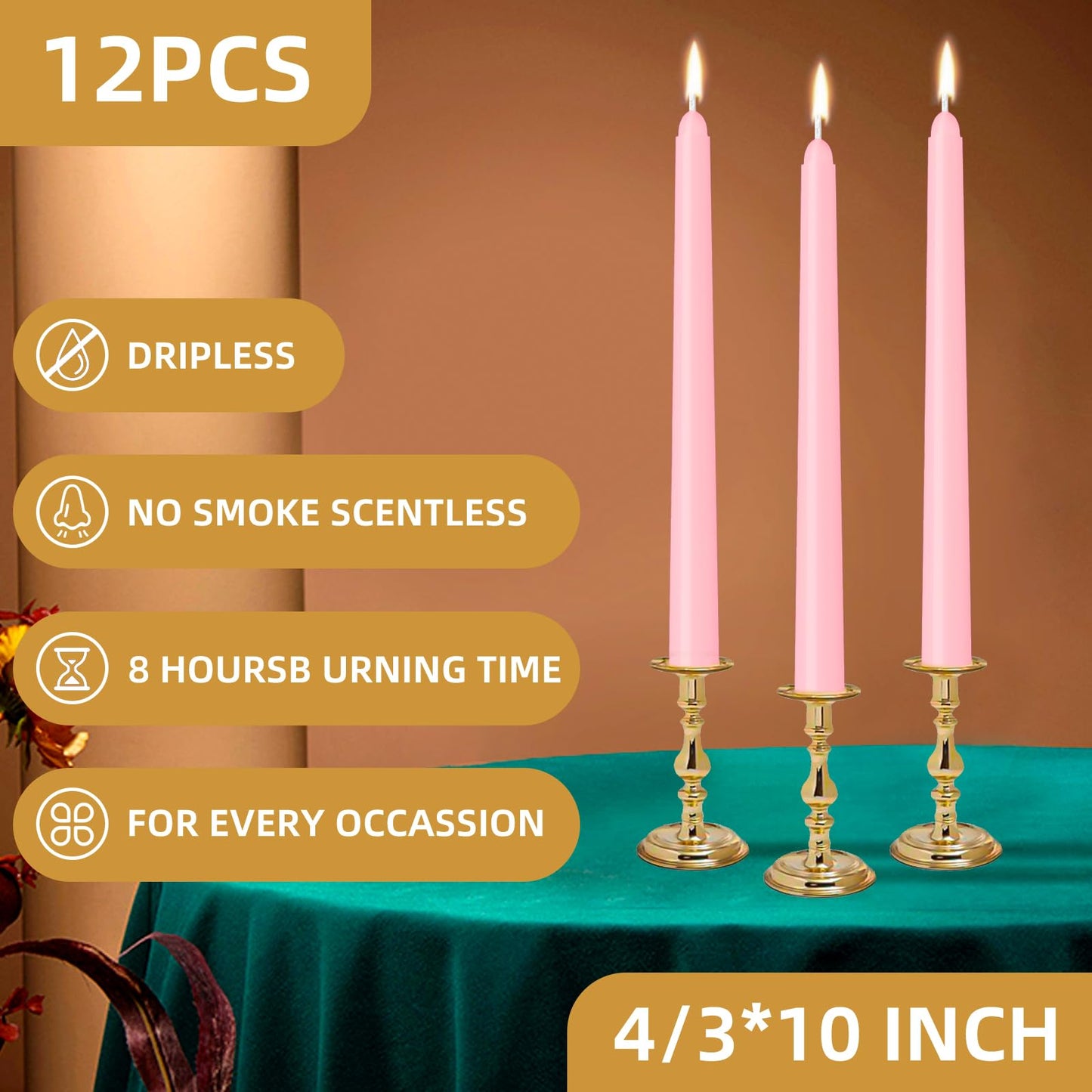 LYOBATH 12 Pack Pink Taper Candles - Taper Candles 10 Inch Dripless, Smokeless & Unscented - 8 Hours Long Burning - Ideal for Weddings, Dinner Parties, and Home Decor