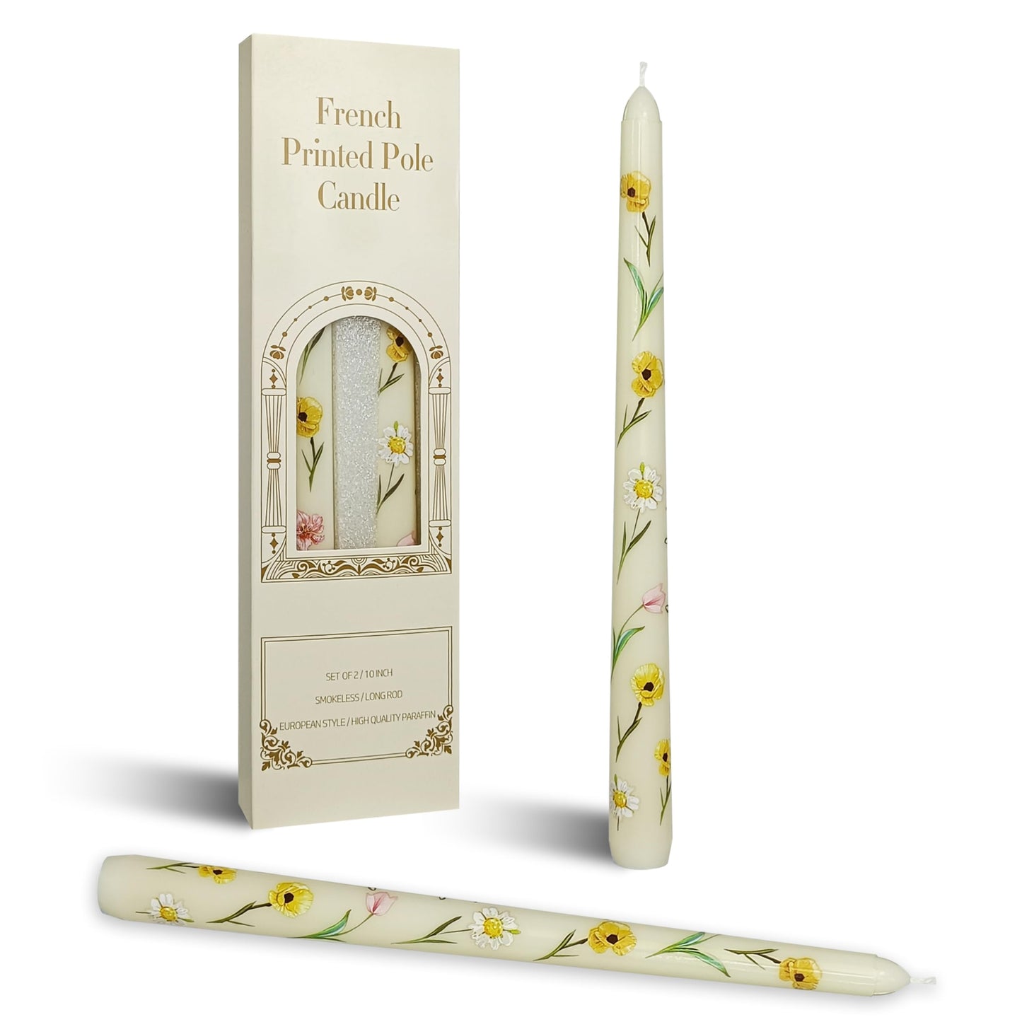 Baleagcdl Floral Printed Taper Candle Ivory with Poppy Flower Prints Candlesticks 10 Inch Handmade Drip Candle Sticks for Wedding Home Holiday Decor Gifts - Set of 2