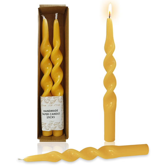 Beeswax Spiral Taper Candles Set of 2, 10 Inch Handmade Beeswax Candle Sticks, Natural Tapered Candles, Decorative Candlesticks for Wedding Dinner Home Gift
