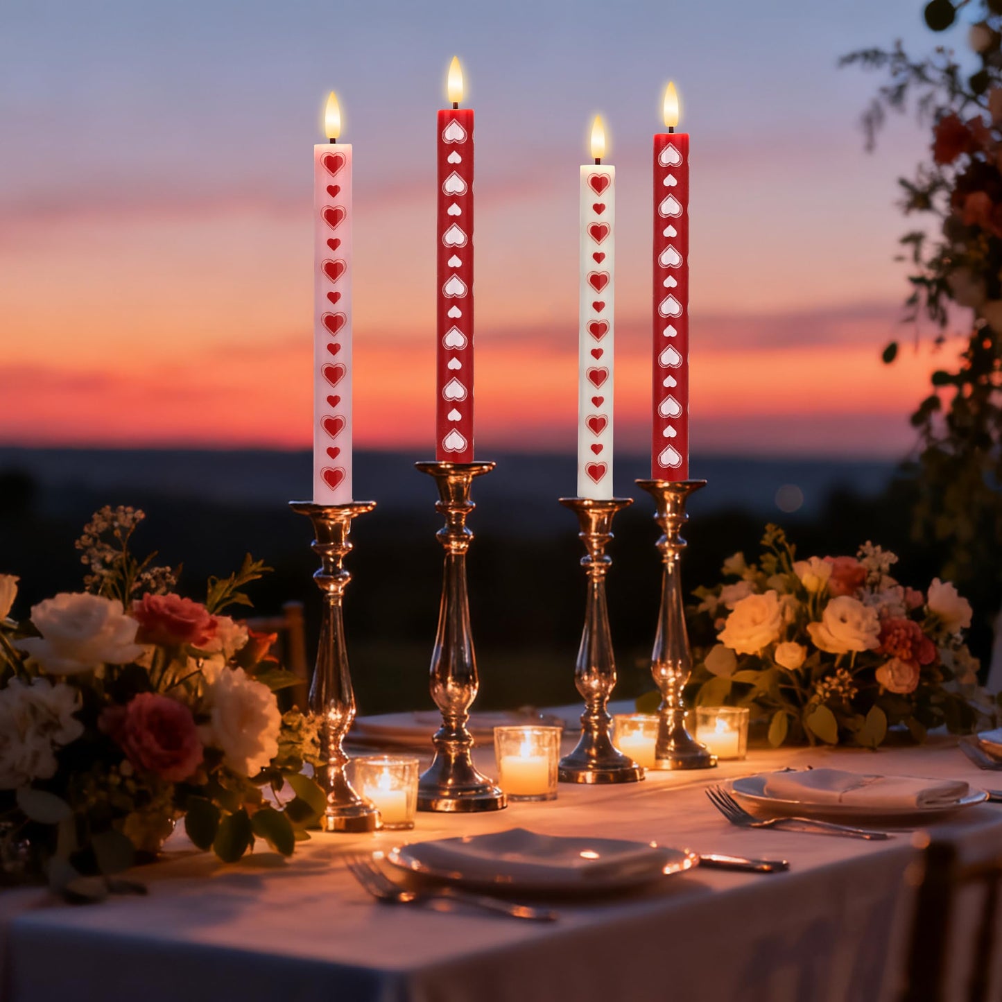 SEHNSY Valentines Day Candles Heart Flameless Taper Candles with Remote, Real Wax Battery Operated Candles,Romantic LED Candlesticks for Valentine Decor, Proposal Wedding & Dinner Table (4 Pack)