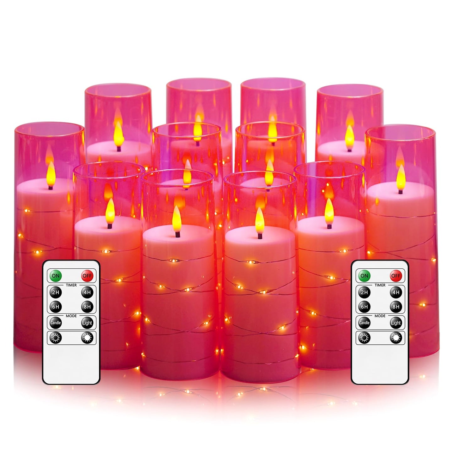Sasigeiaa Flameless Candles with Embedded Star String - Battery Operated LED Candles, with Remote,12 Pink Flickering Candles for Christmas, Weddings, Home Decor & Party,(D 2.3"×H 5" 6" 7")