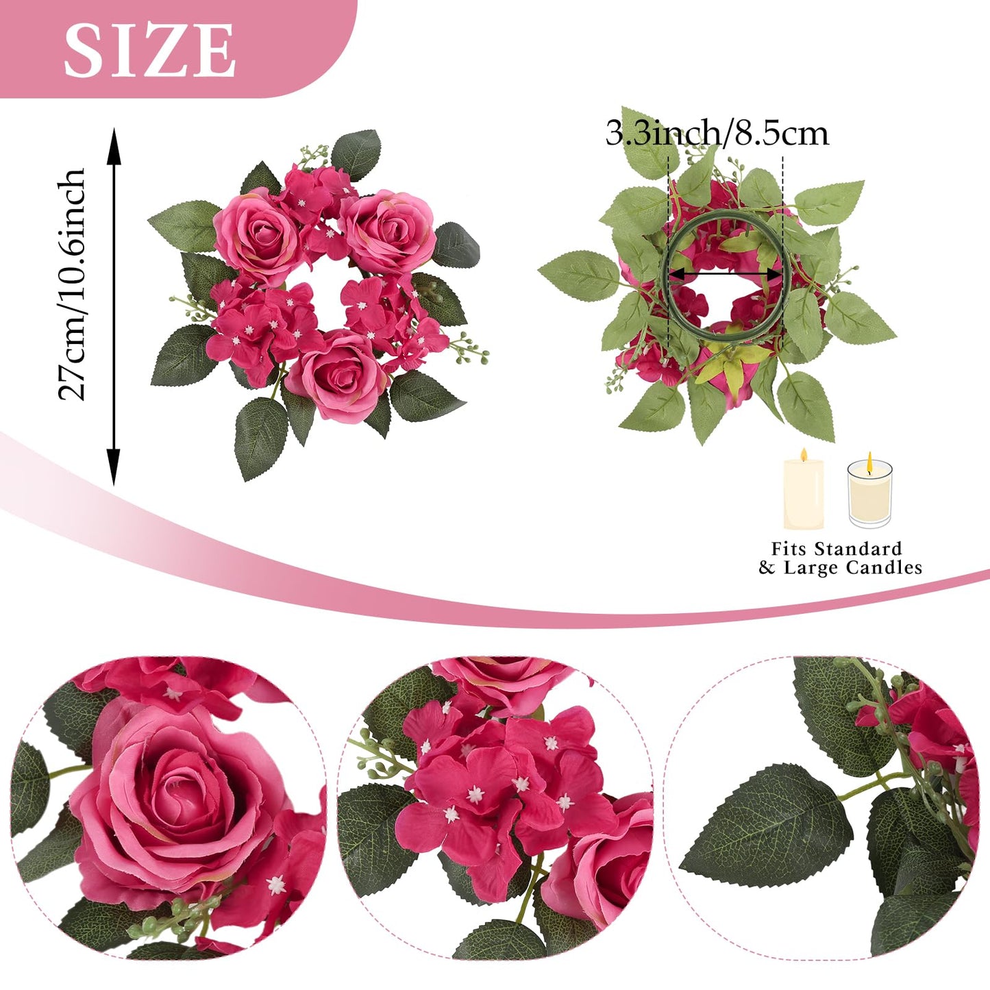 UUXX 4PCS Candle Rings for Pillars, Silk Roses Hydrangea Artificial Flowers Candle Wreaths Rings for Table Centerpieces Wedding Valentine's Day Party Decor(Hot Pink)