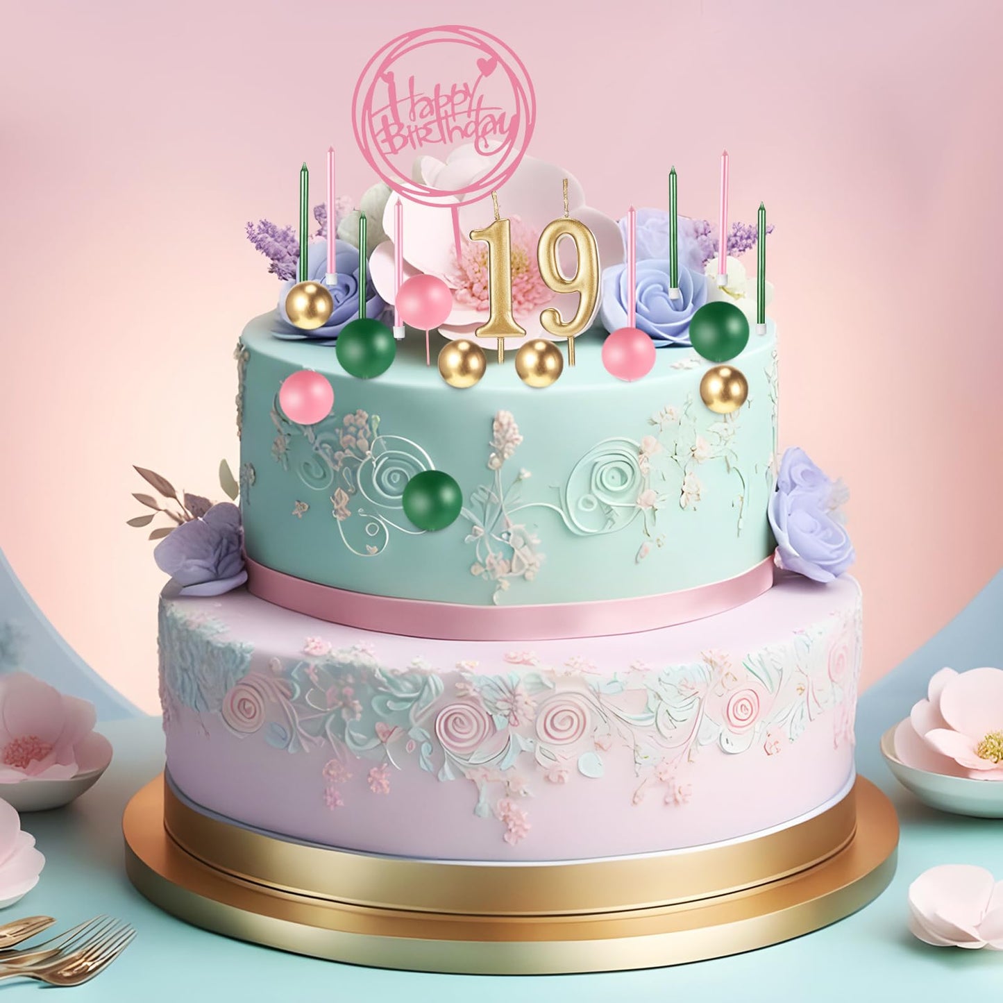 Yerliker 34 Pcs Happy Birthday Cake Toppers Decorations Birthday Candles DIY Cake Decor for Men Women Wedding Anniversary(Gold Green Pink)