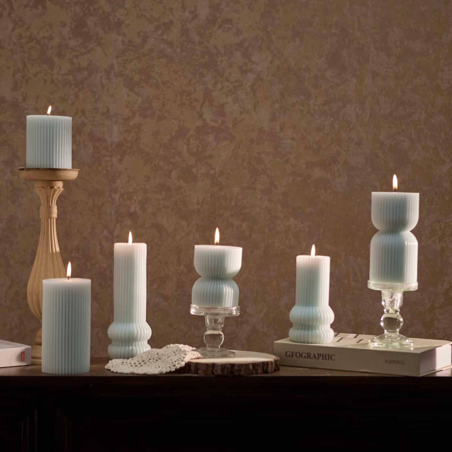 MOZEAL Hand-Poured Classic Ribbed Soy Pillar Candles Set of 3 - Decorative Baby Blue Unscented Dripless Smokeless (3"x4",6",8") 300 Hr Burn - Timeless Home Décor