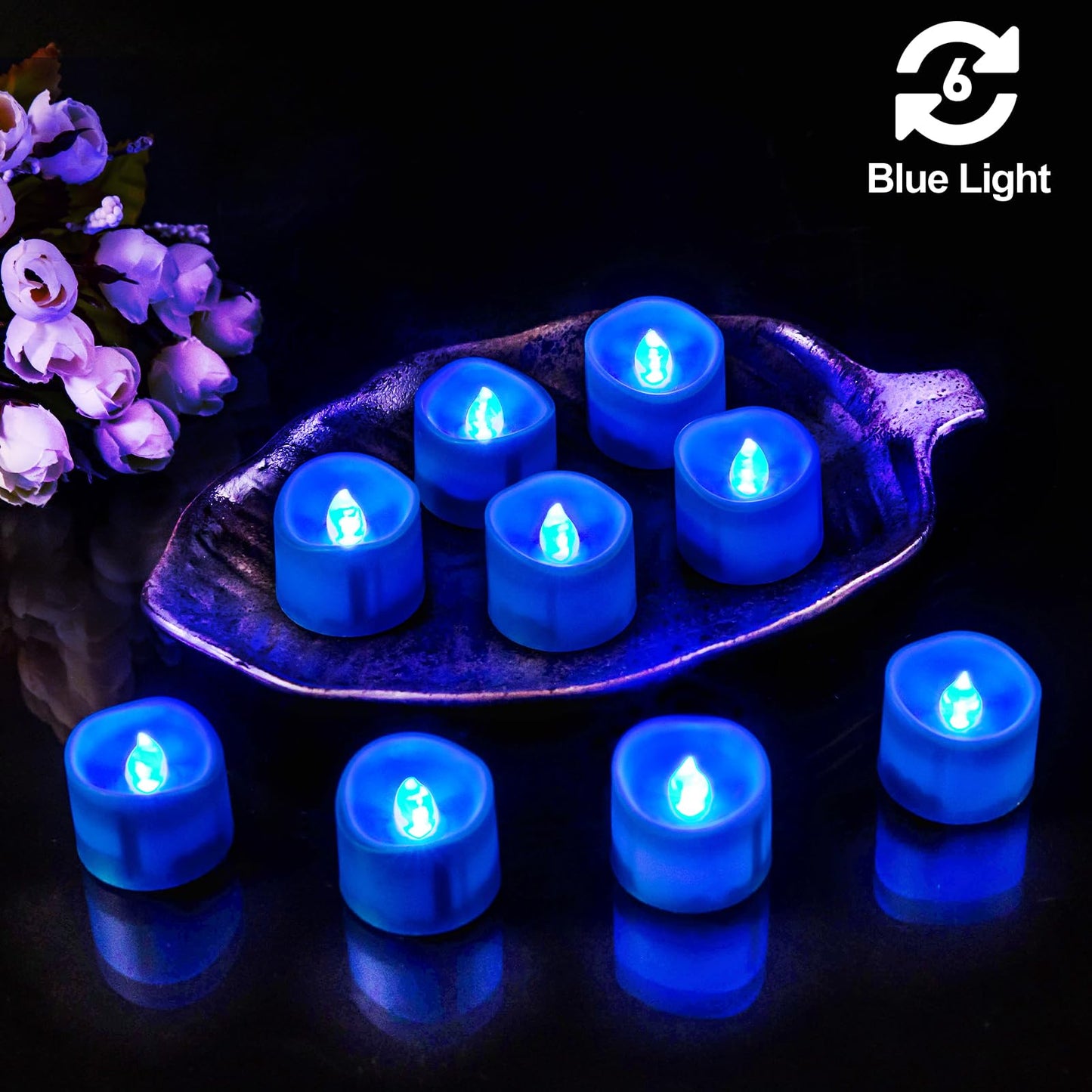 Windshell Blue Flickering Flame Tealight Candles with Auto 6H Timer (No Remote), Battery Operated LED Flameless Tea Lights, for Halloween Christmas Party, 12 Pack