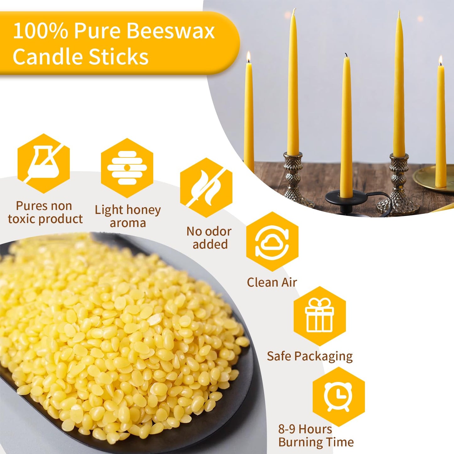 8 Pack Pure Beeswax Taper Candles, 10 Inch Beeswax Tall Candles 10Hours Long Burn - Smokeless & Dripless Candlesticks for Light, Dinner, Table Centerpieces, Home Decor