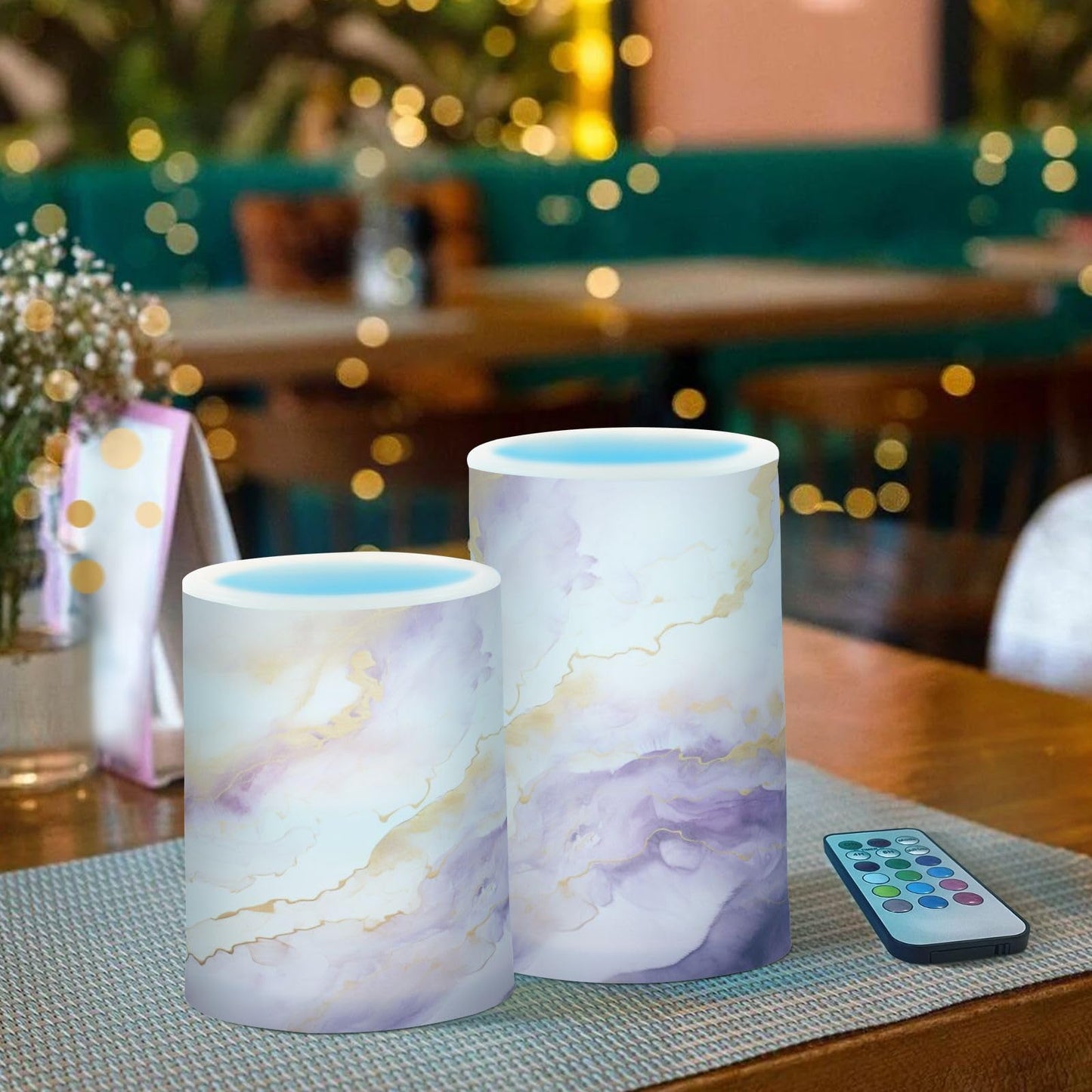 BOENLE Flickering Flameless Candles, Purple Gold Marble LED Candles with Remote Timer, Set of 2 Battery Operated Candle for Valentine Wedding Birthday