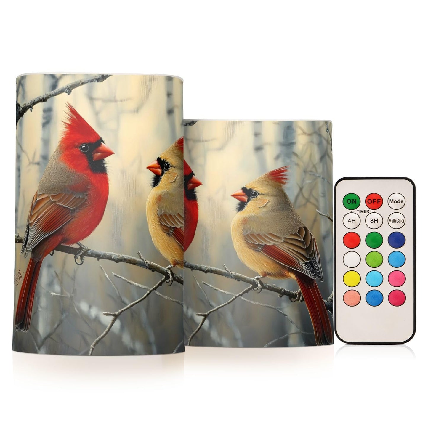 ALAZA Autumn Winter Red Birds on Birch Tree Flickering Flameless Candles Battery Operated with Remote Timer,Tea Light Candles LED Pillar Votive Candles Set of 2 for Outdoor Indoor Decorations
