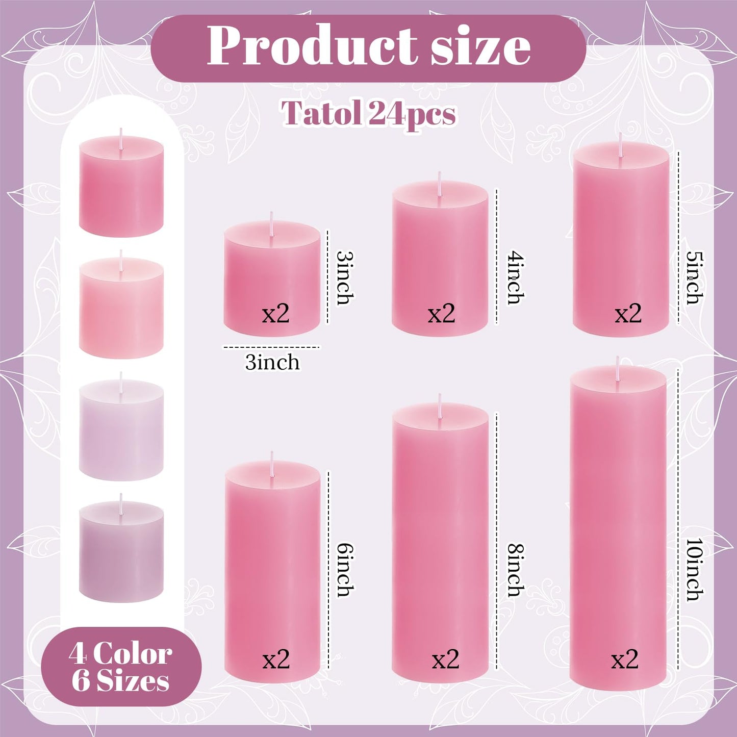 Shihanee 24 Pcs Pillar Candles 3 in x 3,4,5,6,8,10 Dripless Unscented Smokeless Candle Long Burning Decorative Rustic Candles with Cotton Wick for Wedding Home Fireplace (Pink Gradient)