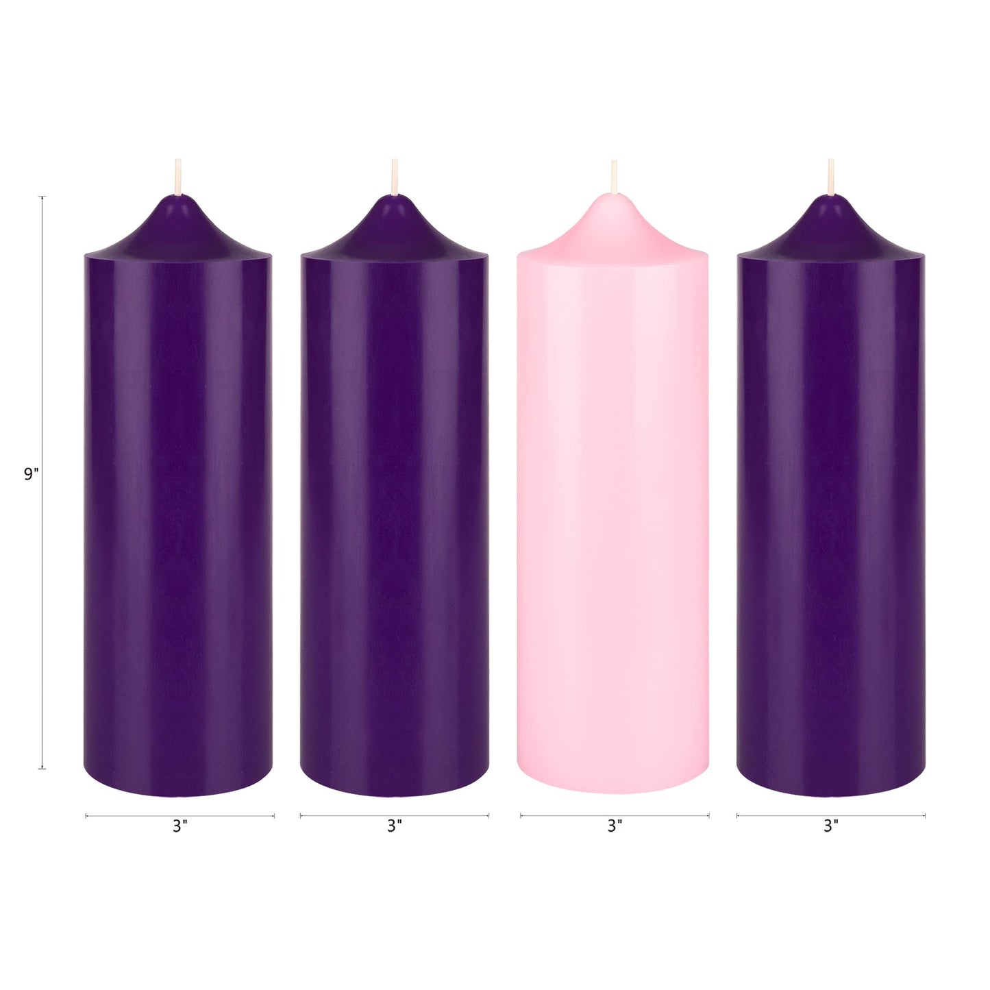 Mega Candles 4 pcs Unscented Christmas Advent Candles Set, Hand Poured Premium Wax Bell Top Round Pillar Candle 3 Inch x 9 Inch, Holidays, Festivities, Devotional, Church, Wreath, Party, Gifts