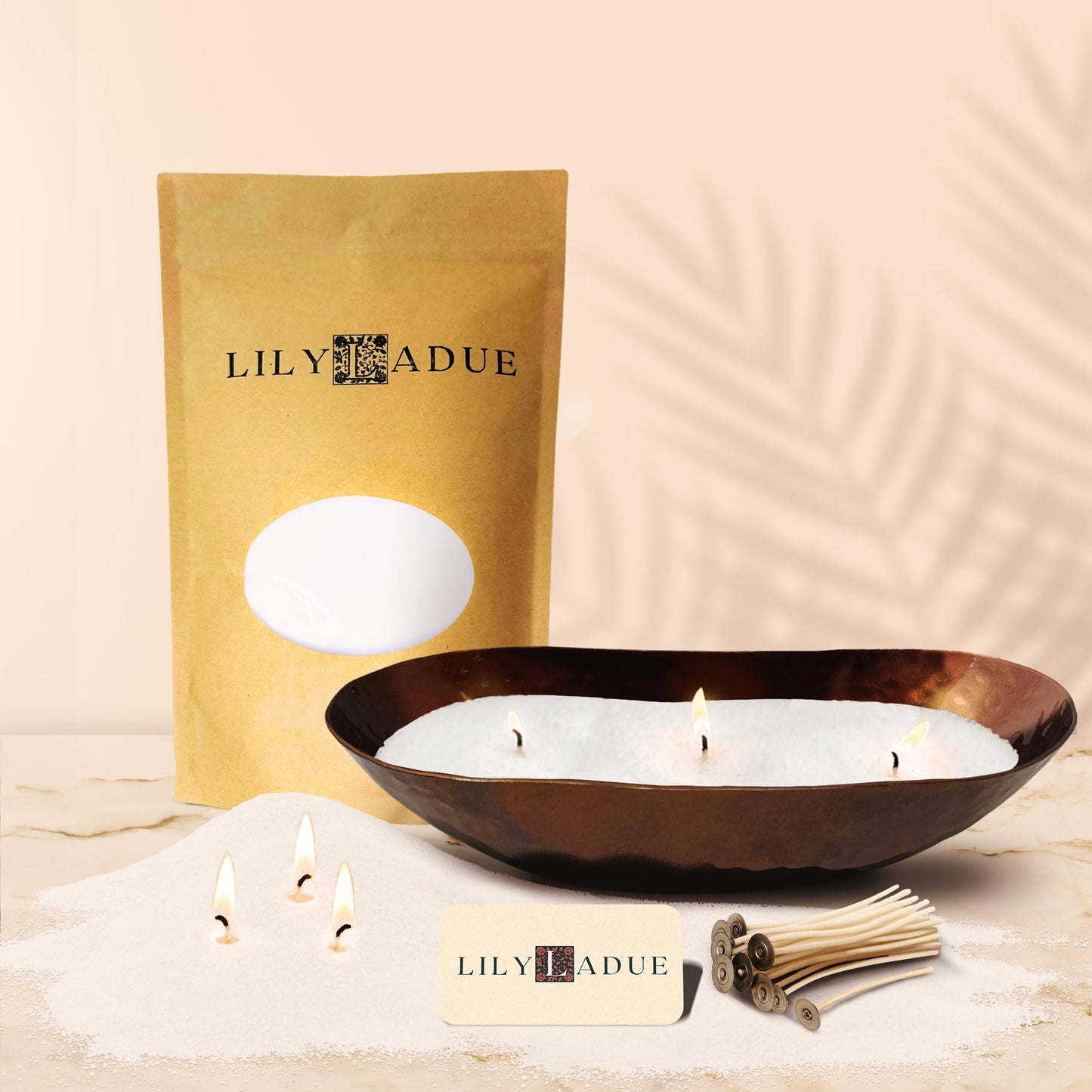 LILY LADUE Sand Candle Kit - 1Lb/16Oz Pearled Candles Sand and Wicks (24) with Bronze Holder, Unscented Aroma Beads, Reusable Pearled Candle Wax for DIY Home Kit, Powder Beads Refill Available