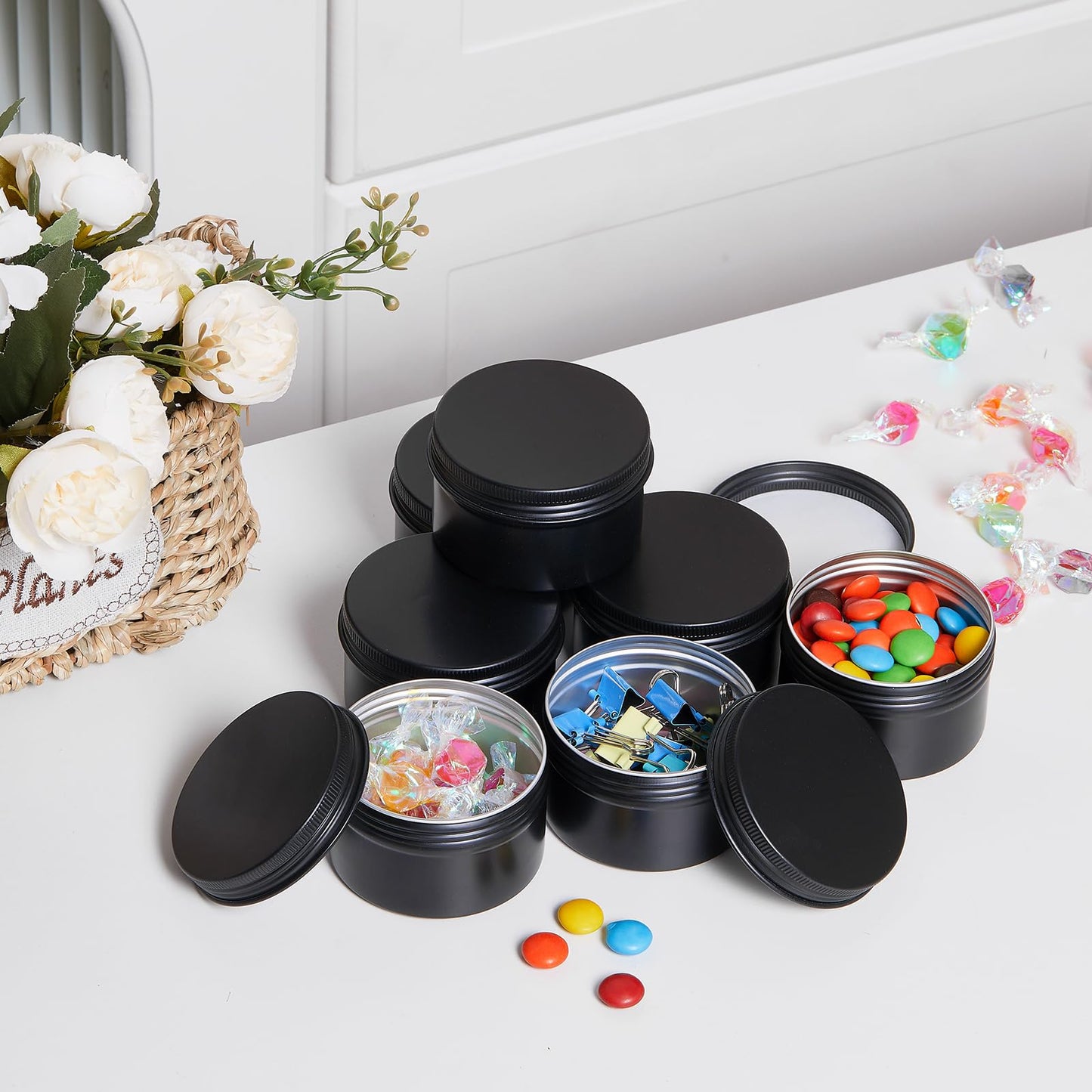 Patelai 36 Pcs 4 oz Metal Round Tins Aluminum Tin Cans Salve Tins Containers with Screw Lid 10 Sheets Stickers for Salve Spice Candies Balms Candles (Black)