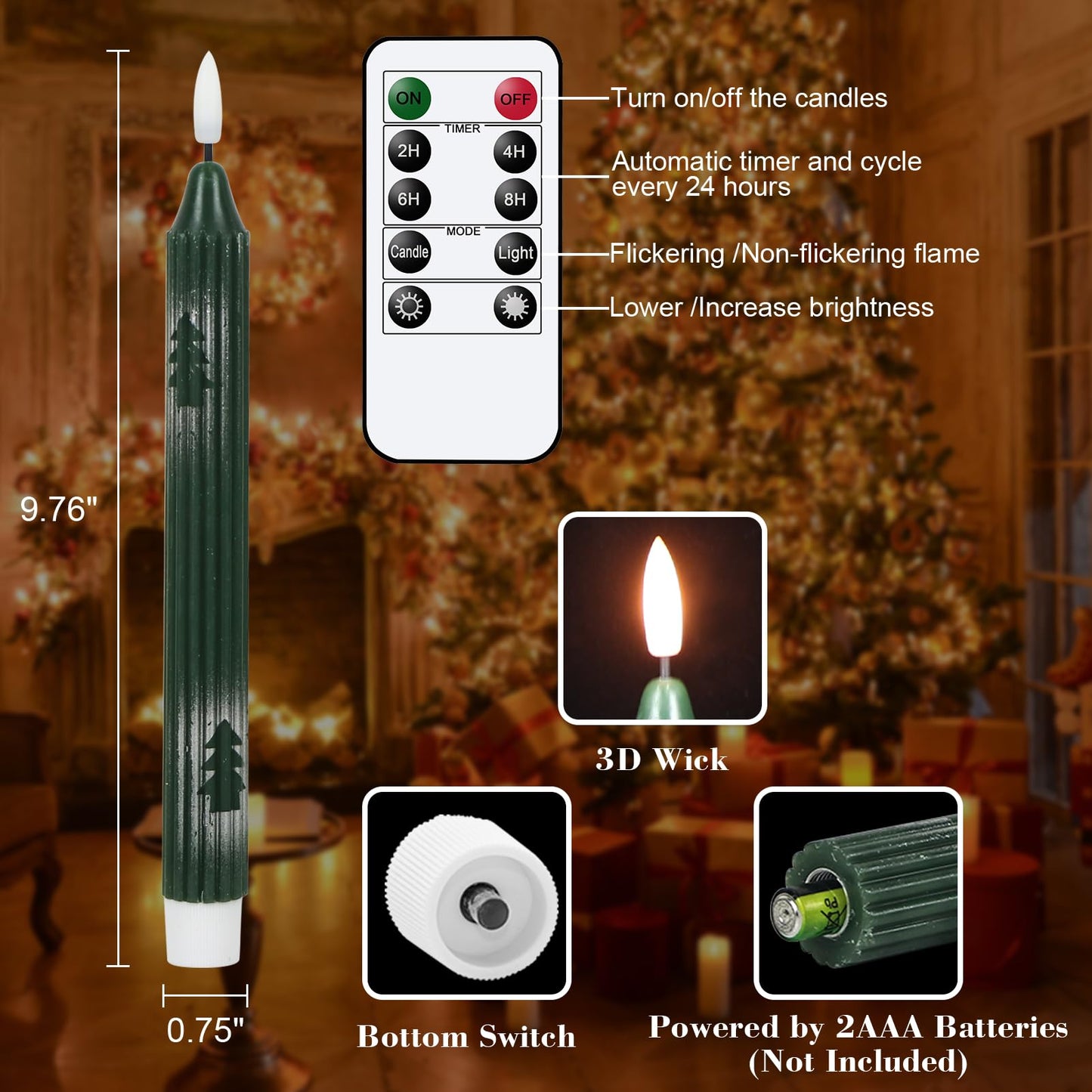 Wondise Christmas Flameless Taper Candles with Remote and Timer, Battery Operated 3D Wick Real Wax LED Candles with Painted Christmas Tree 6 Packs for Christmas Holiday Decor(0.78 x 9.45 Inch)