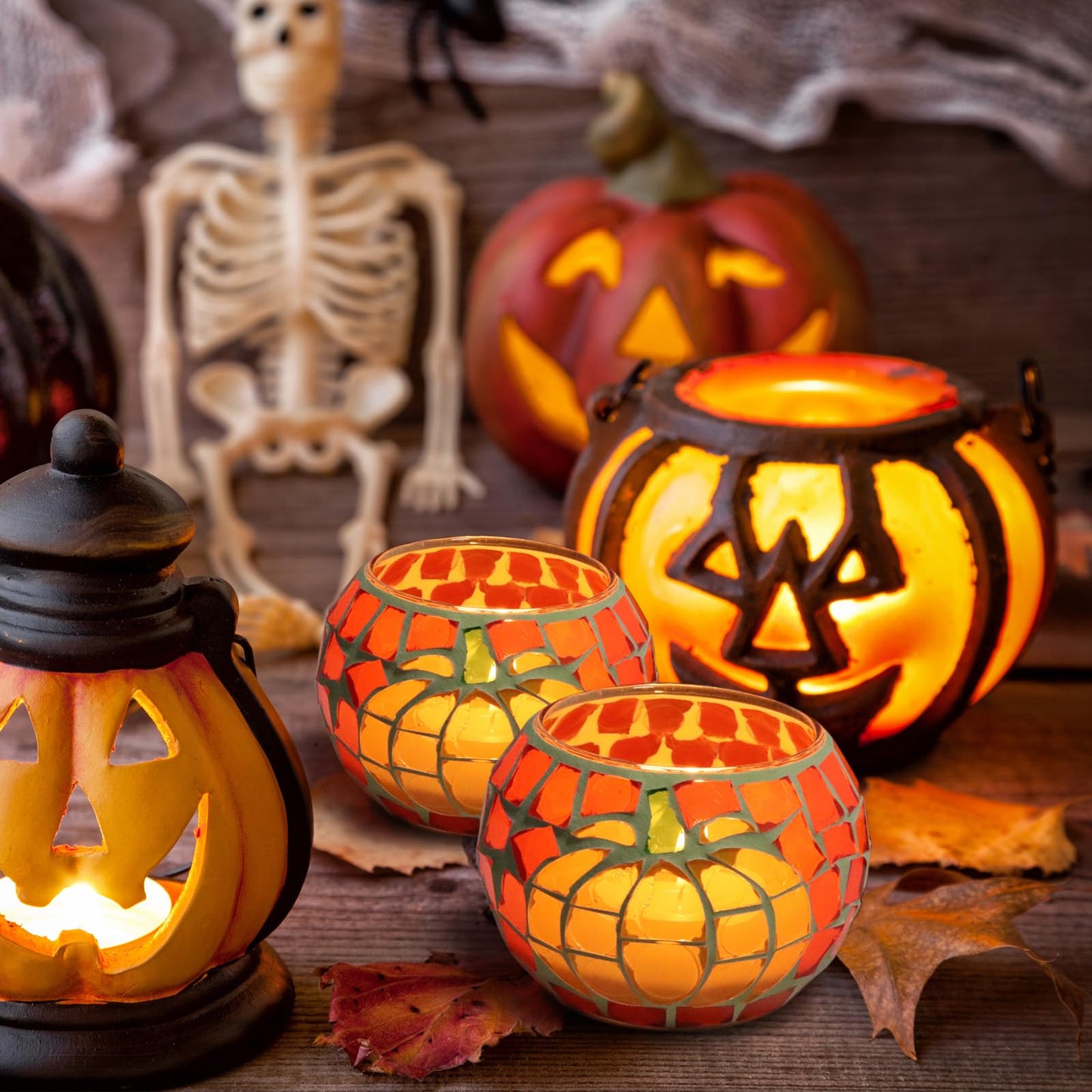 4 PCS Pumpkin Candle Holders, Fall Table Centerpiece Decorations, 100% Mosaic Glass Votive Tealight Candle Holders for Thanksgiving Halloween Indoor Outdoor Decor