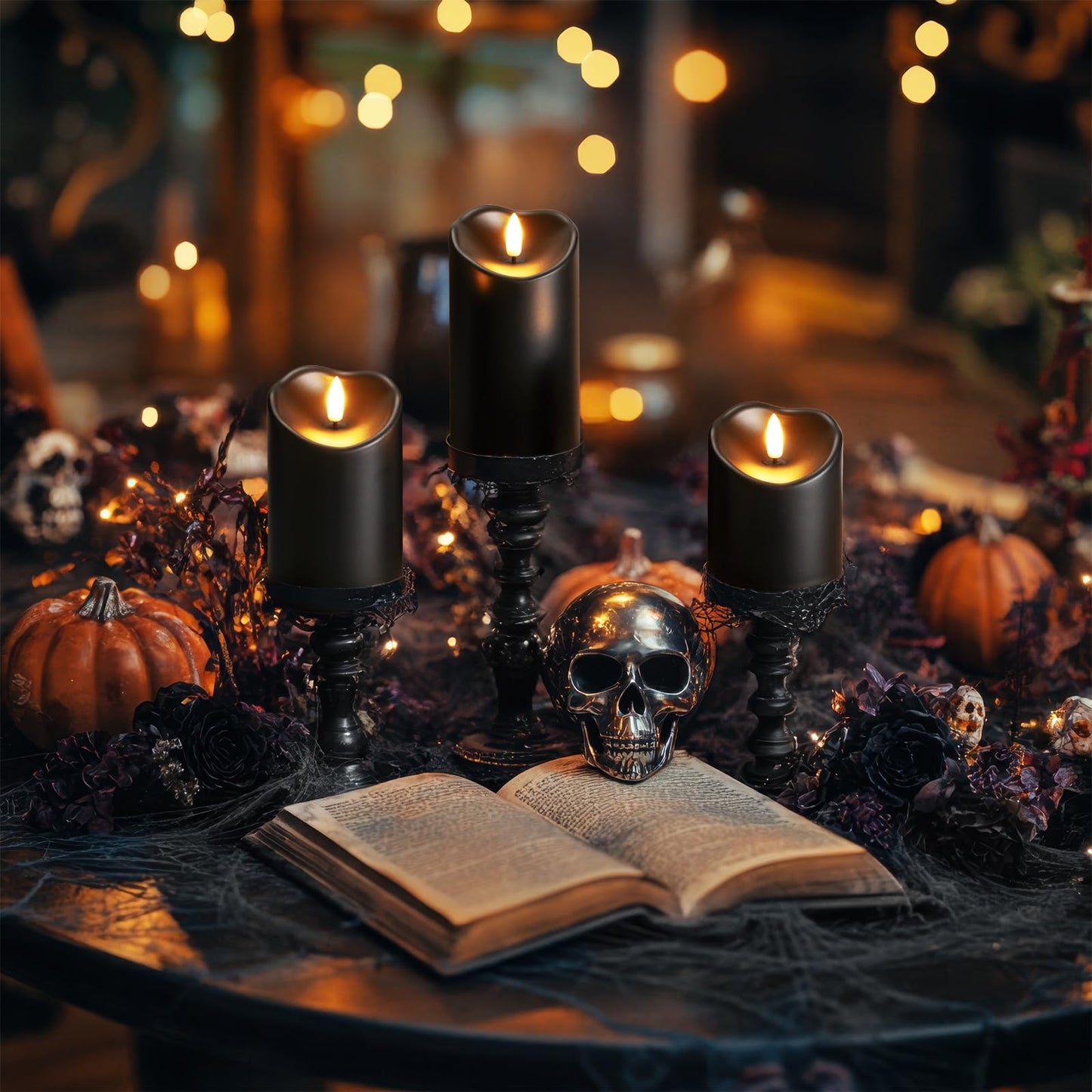 Homemory Black Flameless Candles, Halloween Candles Battery Operated with Remote and Timer, Flickering LED Pillar Candle for Theme Party, Holiday Decor, Set of 3