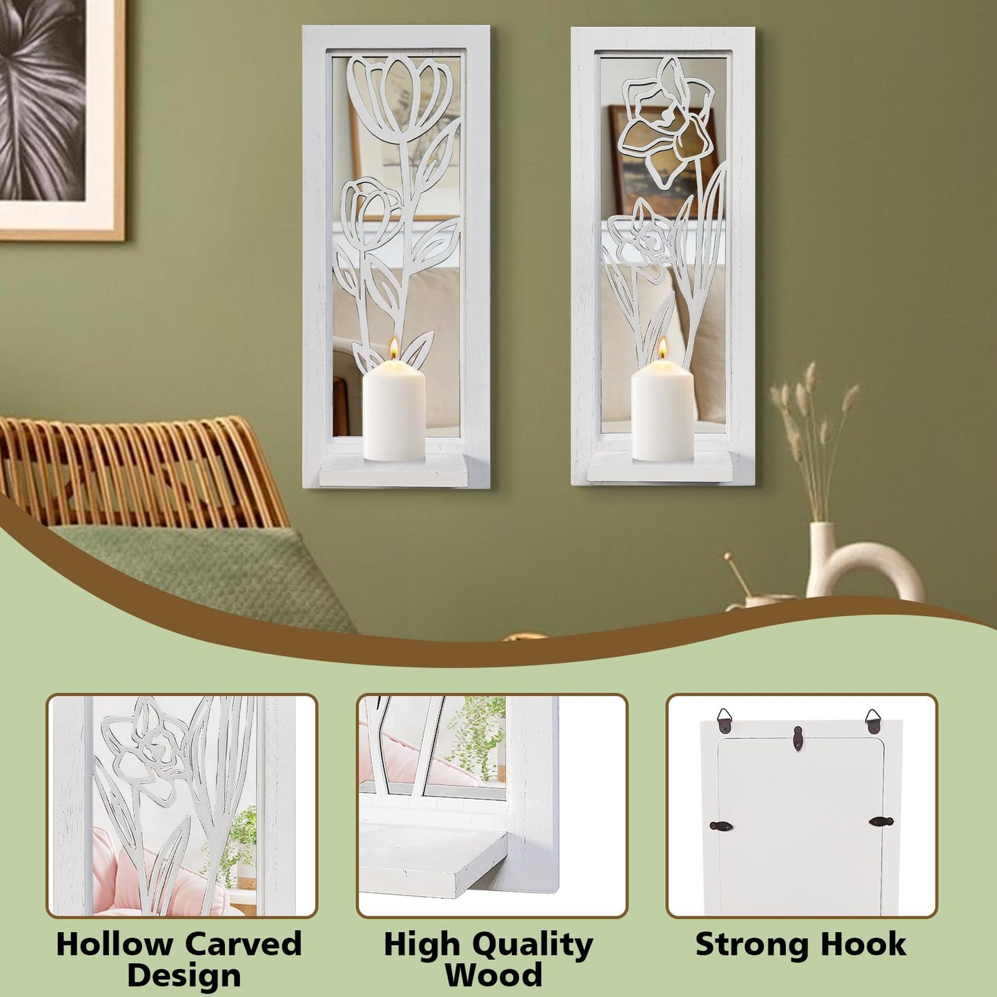 ZEXUIRU 2 Set Rustic Candle Sconces Living Room Bedroom Entryway Wood Mirrored, Farmhouse, Carved Frame Wall-Mount Wooden Candle Holders Wall Decor Hanging Handmade Holder - Distressed White
