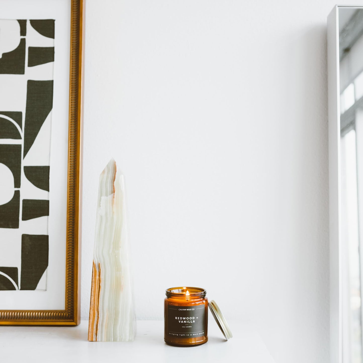 Calyan Wax Co. Redwood & Vanilla Scented Candle - 57 Hour Burn - Luxury Clean Soy Wax Candles - Long Lasting Amber Glass Jar Candle for Home - 7.2oz