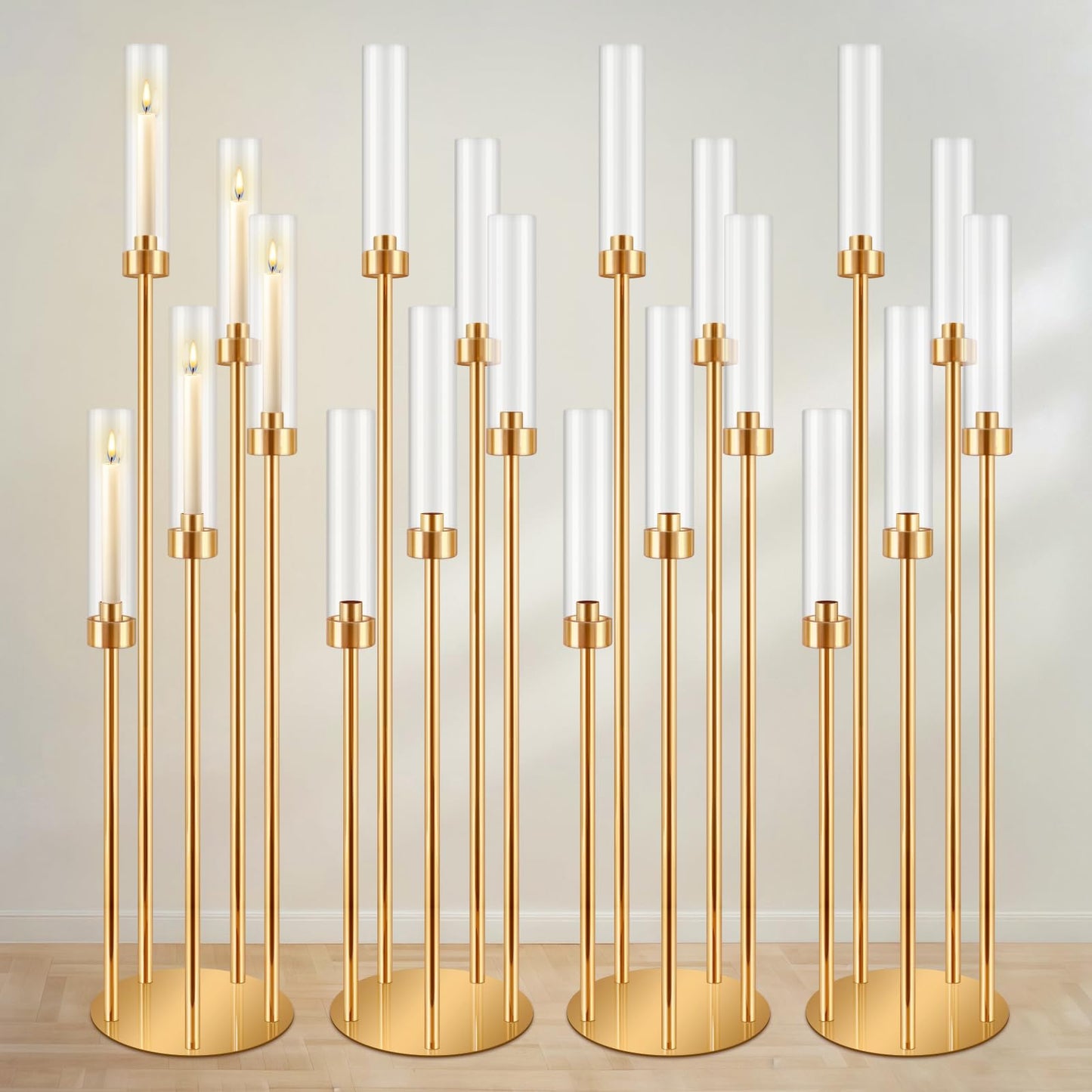 DIWNELEM 4 Pcs Gold Candelabra Centerpieces 5 Arm 42" Tall Metal Candle Holder Floor Candelabra Wedding Centerpieces Metal Candlestick Holders with Acrylic Removable Lampshade for Christmas Decoration