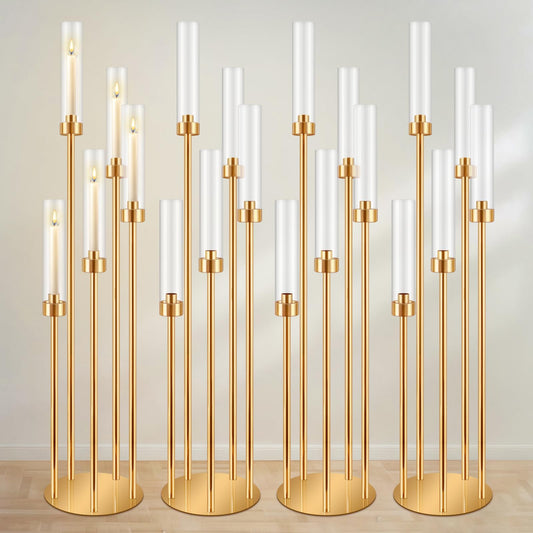 DIWNELEM 4 Pcs Gold Candelabra Centerpieces 5 Arm 42" Tall Metal Candle Holder Floor Candelabra Wedding Centerpieces Metal Candlestick Holders with Acrylic Removable Lampshade for Christmas Decoration