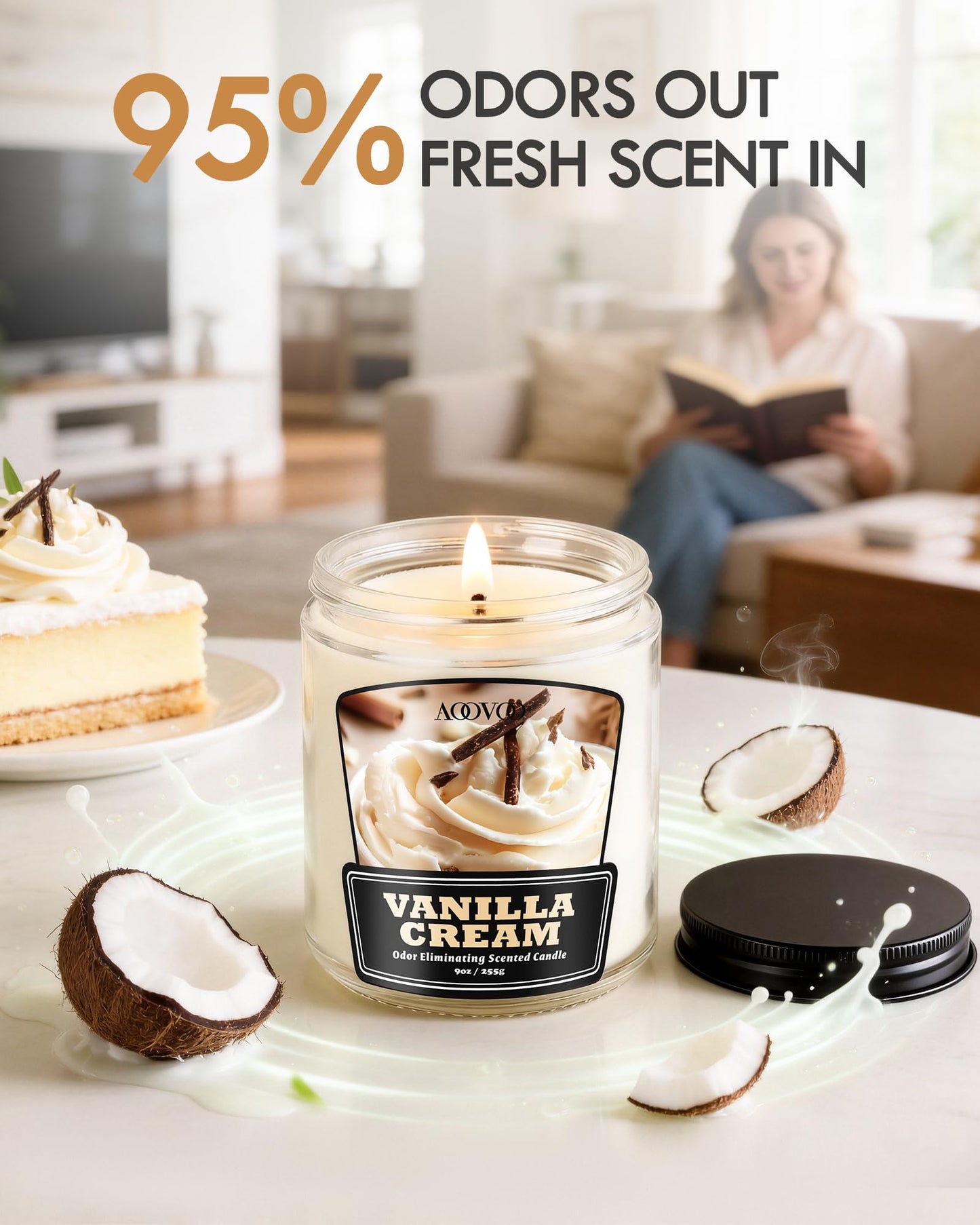 AOOVOO Vanilla Cream 2 Pack Odor Eliminating Candle - Up to 100 Hours Burn time, Eliminates 95% of Pet, Smoke, Food, and Other Smells Quickly, 18 oz Non Toxic Highly Fragranced Air Freshing Soy Candle
