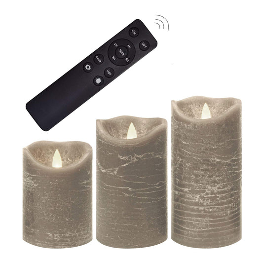 Battery Operated Flameless Candles with Remote Timer Real Wax Realistic Bright Flicker Flickering Electric Electronic LED Pillar Lights Home Wedding Party Decorations Set of 3 Rustic Texture Gray Grey