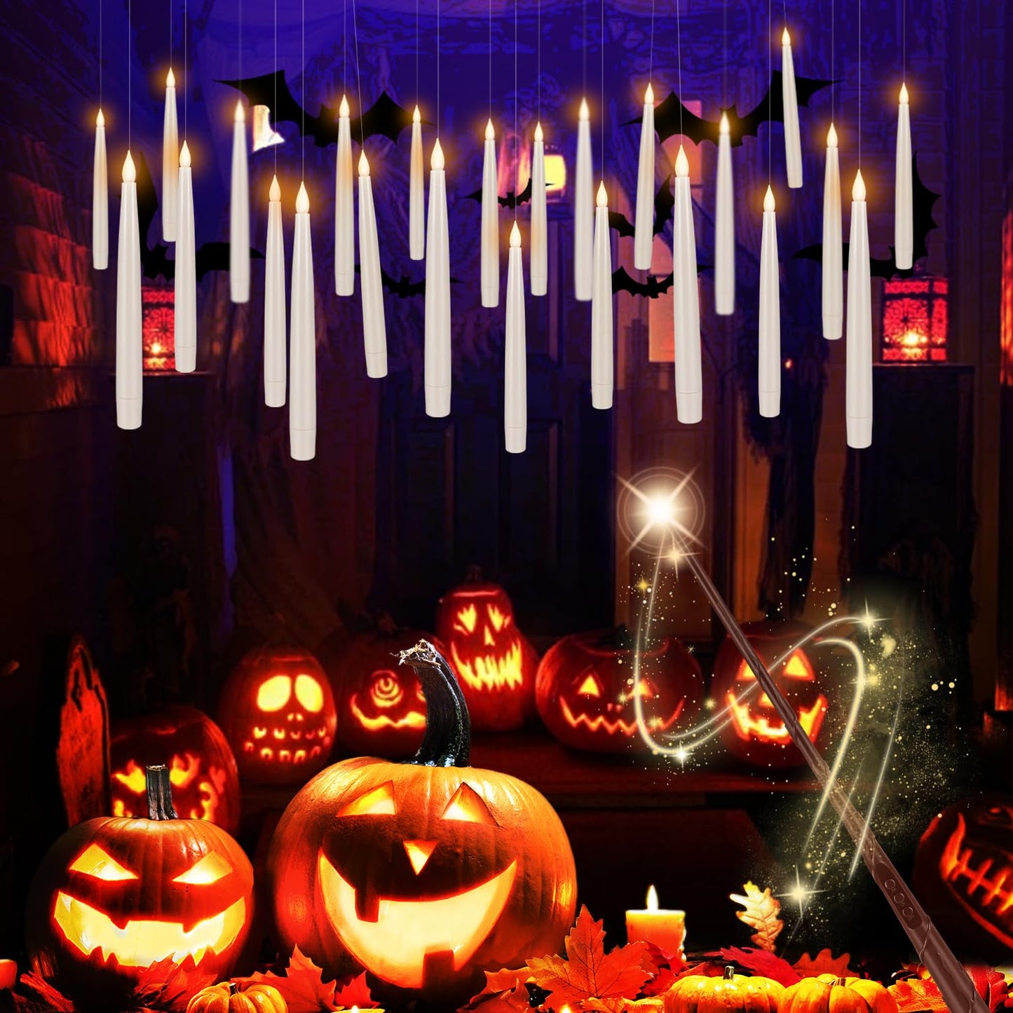 Wfmolcand 24PCS Floating Candles with Wand, Magic Hanging Candles, Flickering Warm Light LED Taper Flameless Candles with Wand Remote for Halloween,Christmas Party Decorations Indoor Deco,Bset Gift.