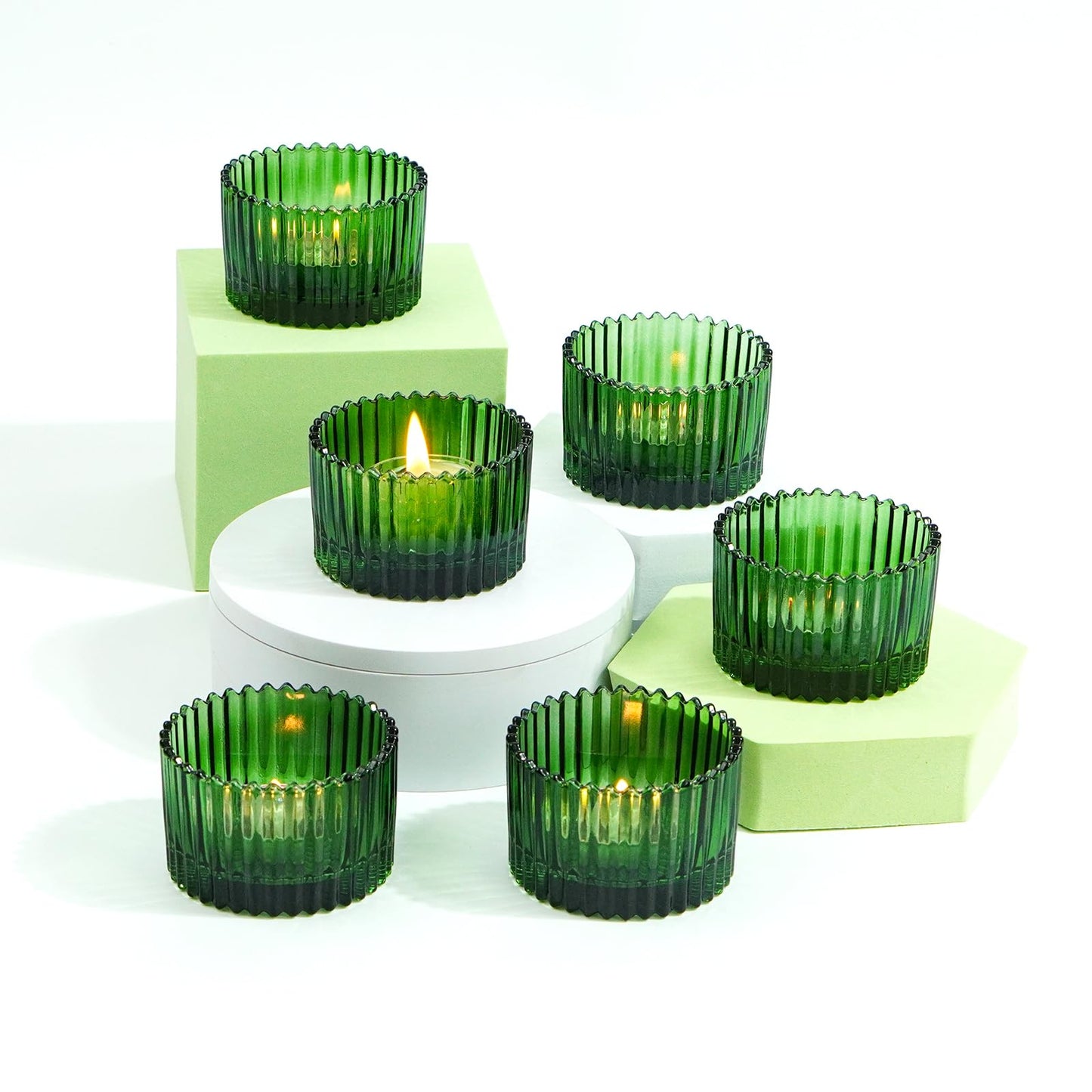 Jollyhilan 6 Pack Glass Candle Holder,Round Glass Candle Tray Ribbed Tealight Holders for Votives, Floating Candles Table Centerpieces Wedding Home Decor,Green