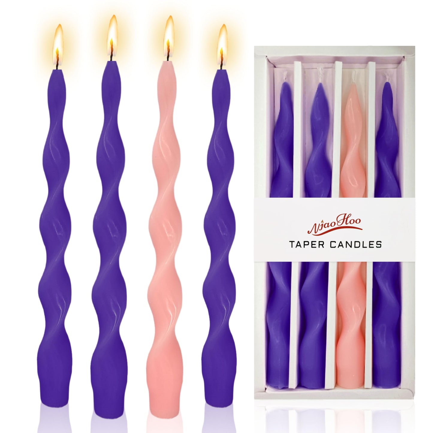 NJAO HOO Advent Purple Pink Spiral Taper Candles 10 Inch Twisted Christmas Candlesticks Unscented Ripple Tapered Candles Set for Dinner Table Party Wedding, 4 Pcs