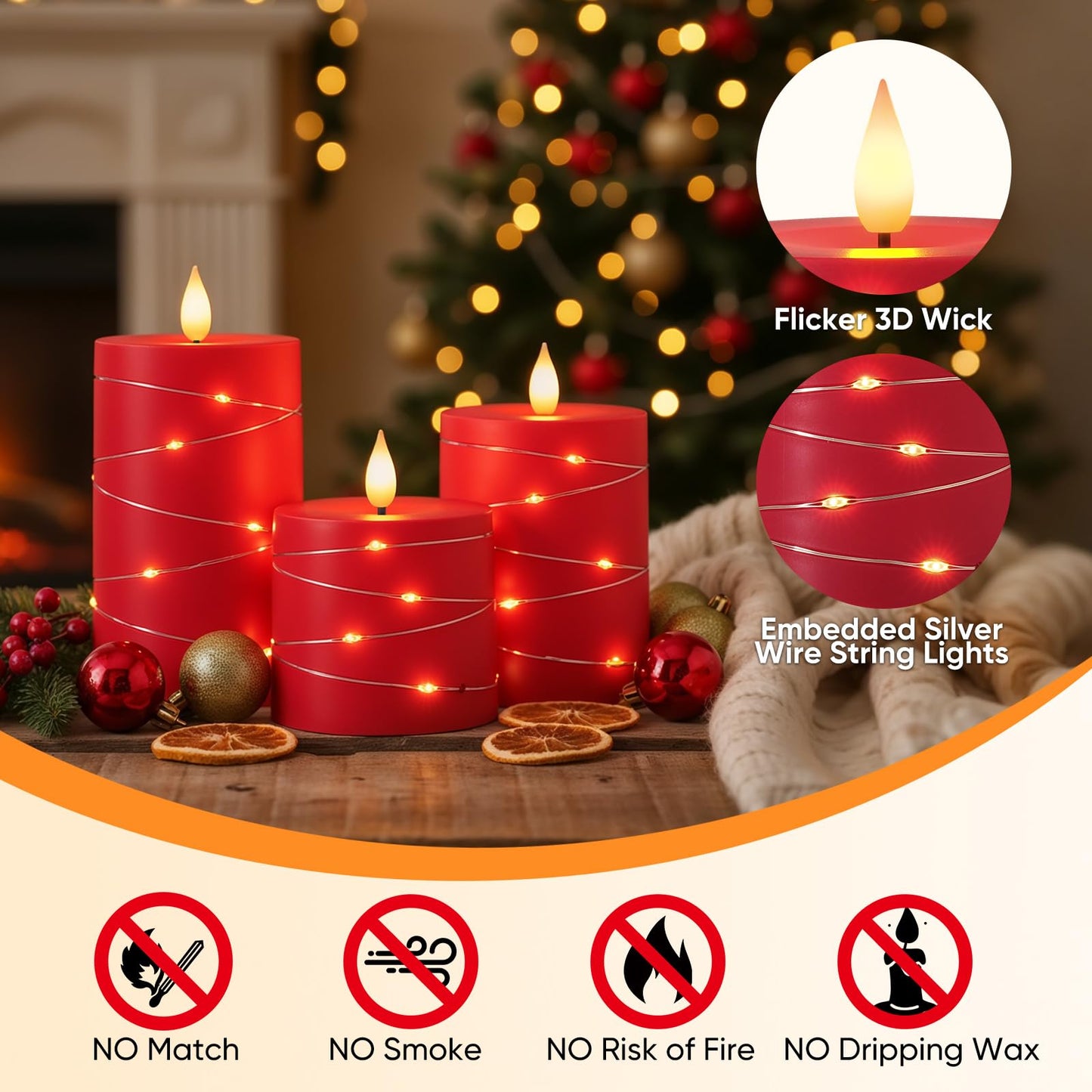 Raycare Independence Day Flameless Candles with Remote Timer, Flickering Battery Operated LED Pillar Fake Candle with String Lights for 4th of July Patriotic Home Decor, Wedding Gift, Red, Set of 3