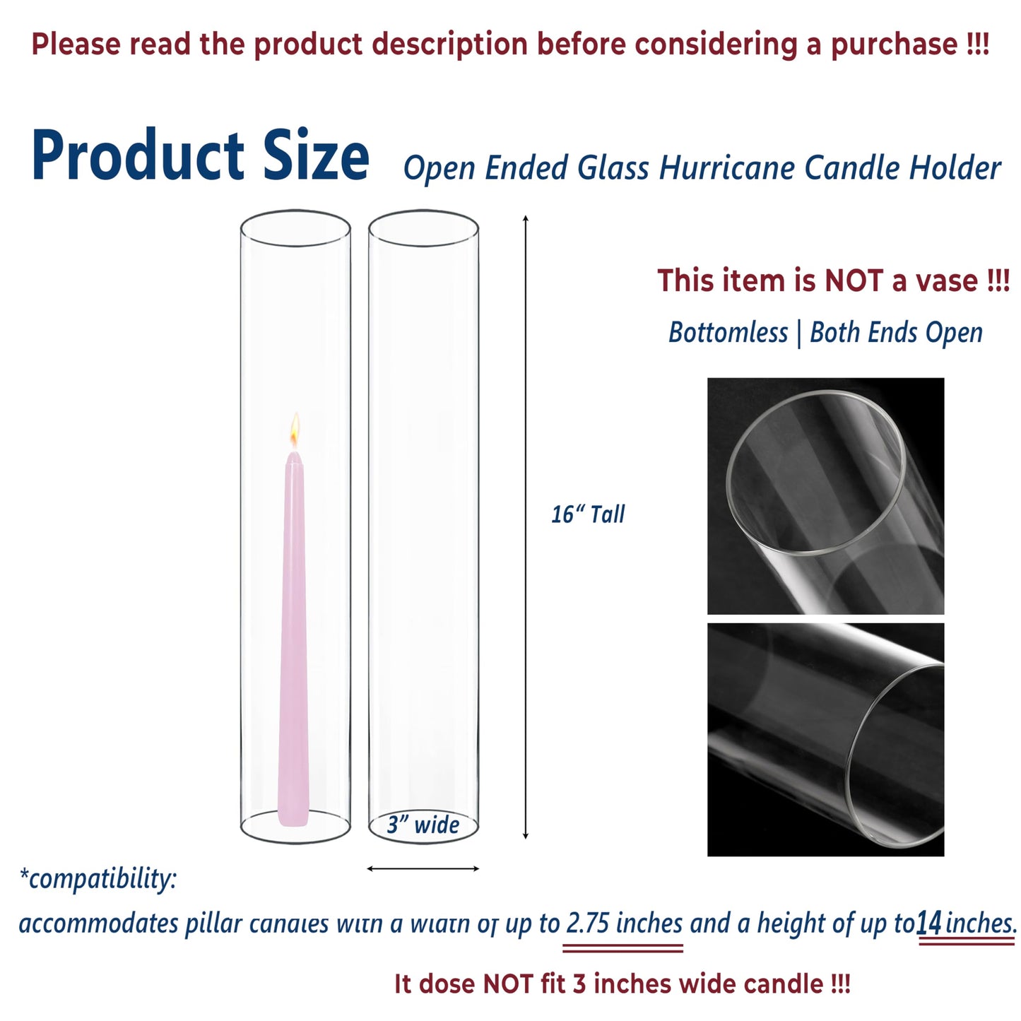 CYS EXCEL 6 PCS (H:16" D:3") Open Ended Clear Glass Hurricane Candleholder Tube Lamp Shade Open Flame Candlestick Holder Chimney Tube Cover Bottomless Cylinder