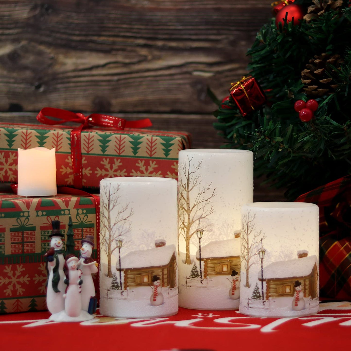Lasumora Snowman Christmas Flameless Candles with 6H Timer, Real Wax LED Pillar Candles Flickering, Battery Operated Waxy Candles for Home Fireplace Décor Christmas Gifts, 3x4/5/6 inches